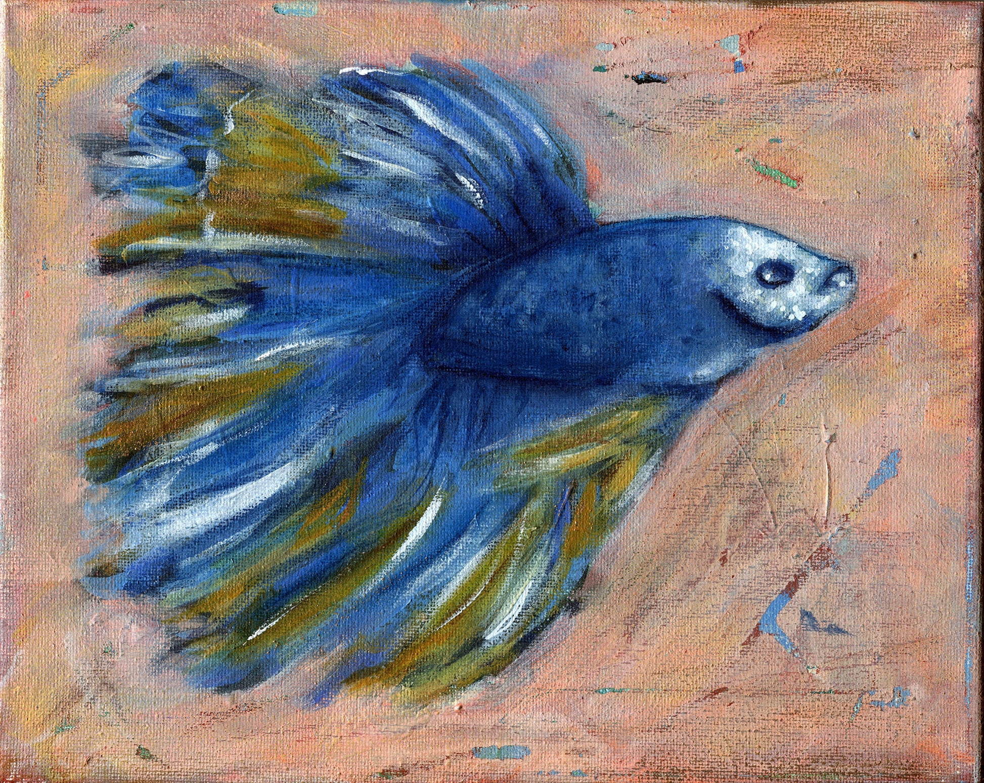 Betta fish artwork, blue and white hand painted acrylic painting on canvas 8x10, small fish wall art, Siamese fighting fish - Carved Effects