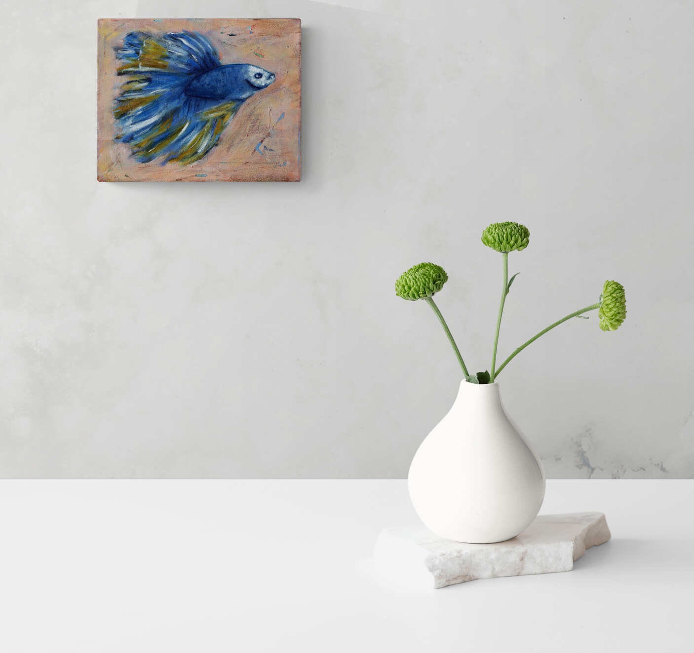 Betta fish artwork, blue and white hand painted acrylic painting on canvas 8x10, small fish wall art, Siamese fighting fish - Carved Effects