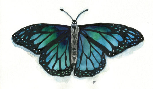 Blue monarch butterfly hand painted watercolor painting