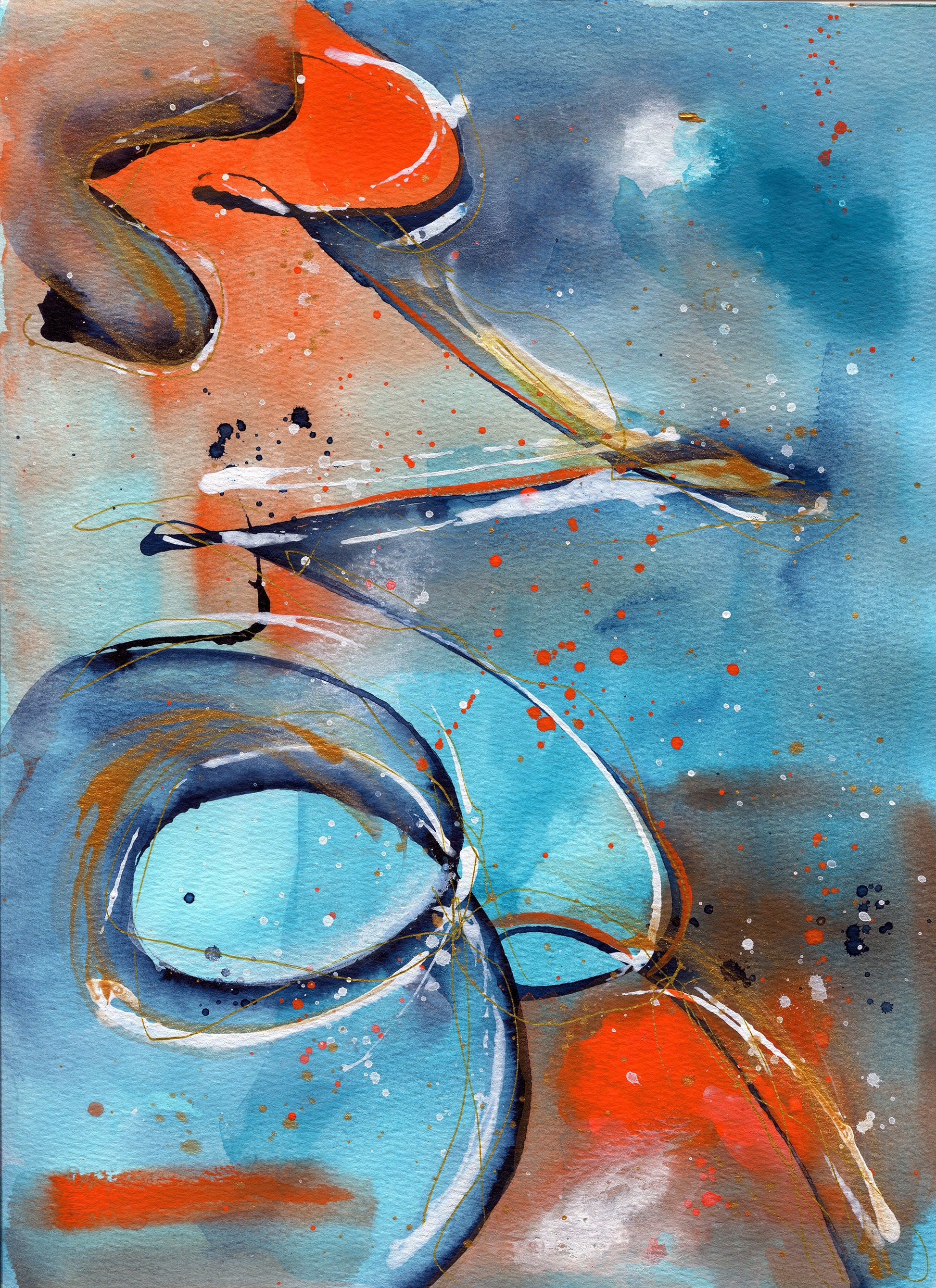 Blue orange and gold abstract watercolor painting 9x12, abstract circle watercolor original artwork - Carved Effects