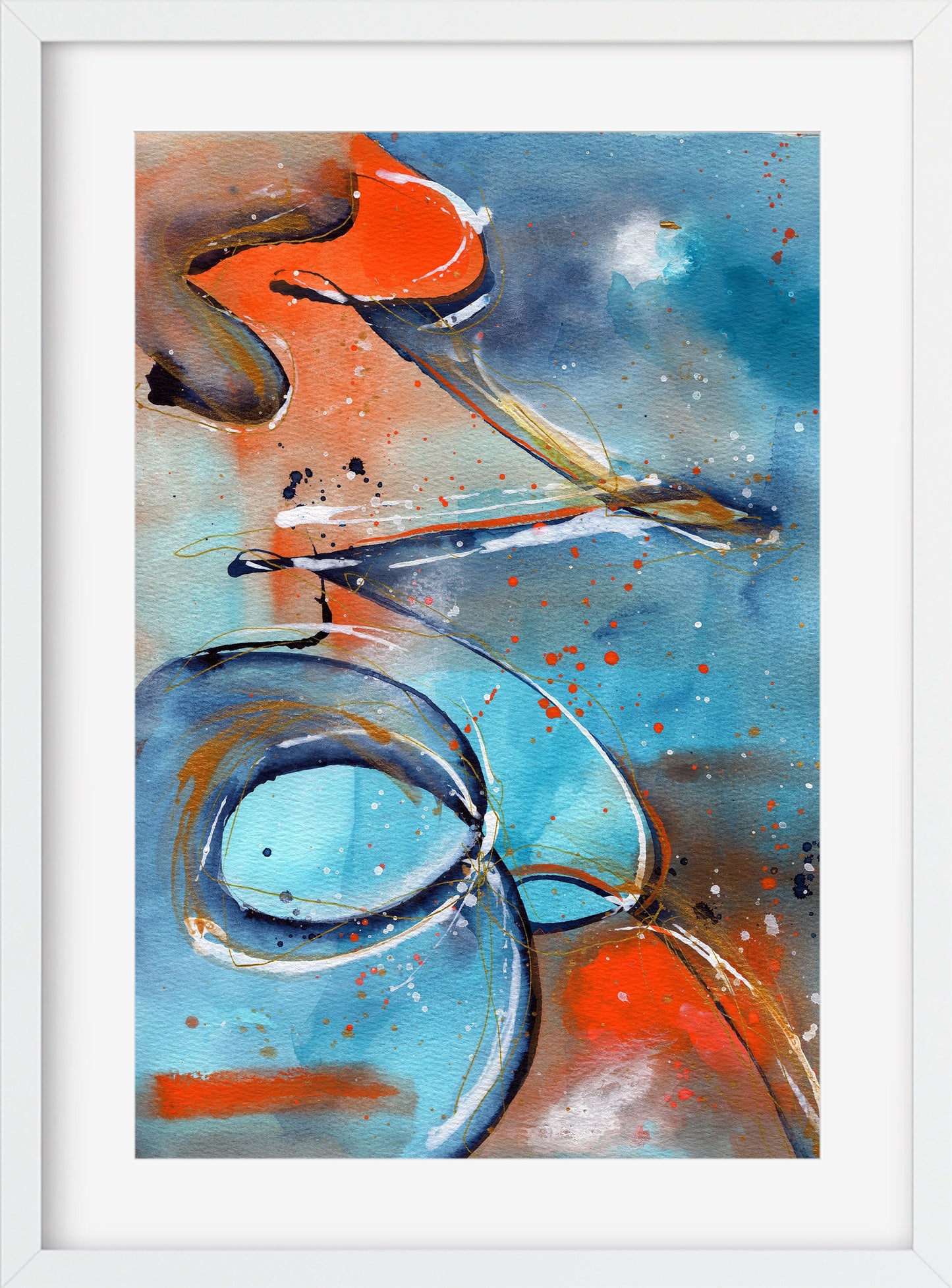 Blue orange and gold abstract watercolor painting 9x12, abstract circle watercolor original artwork - Carved Effects