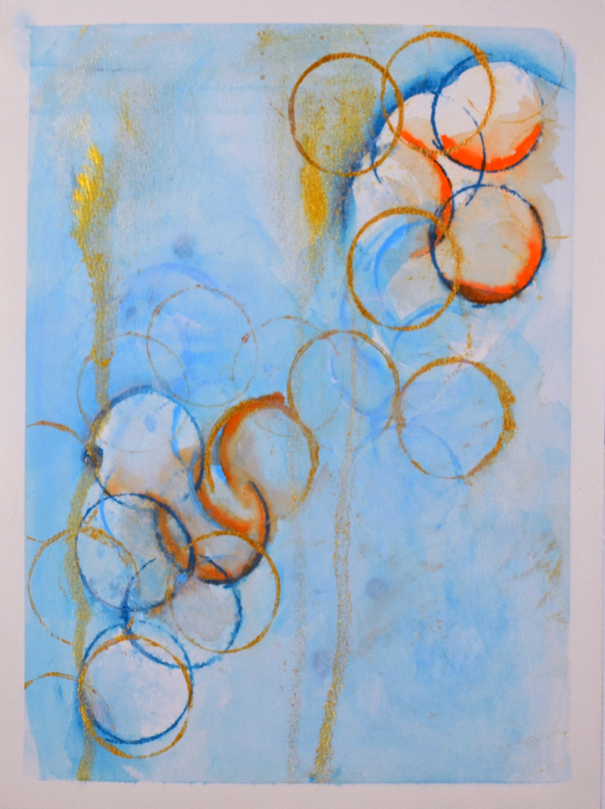 Blue orange and gold circle abstract watercolor painting 9x12, abstract circle watercolor original artwork - Carved Effects