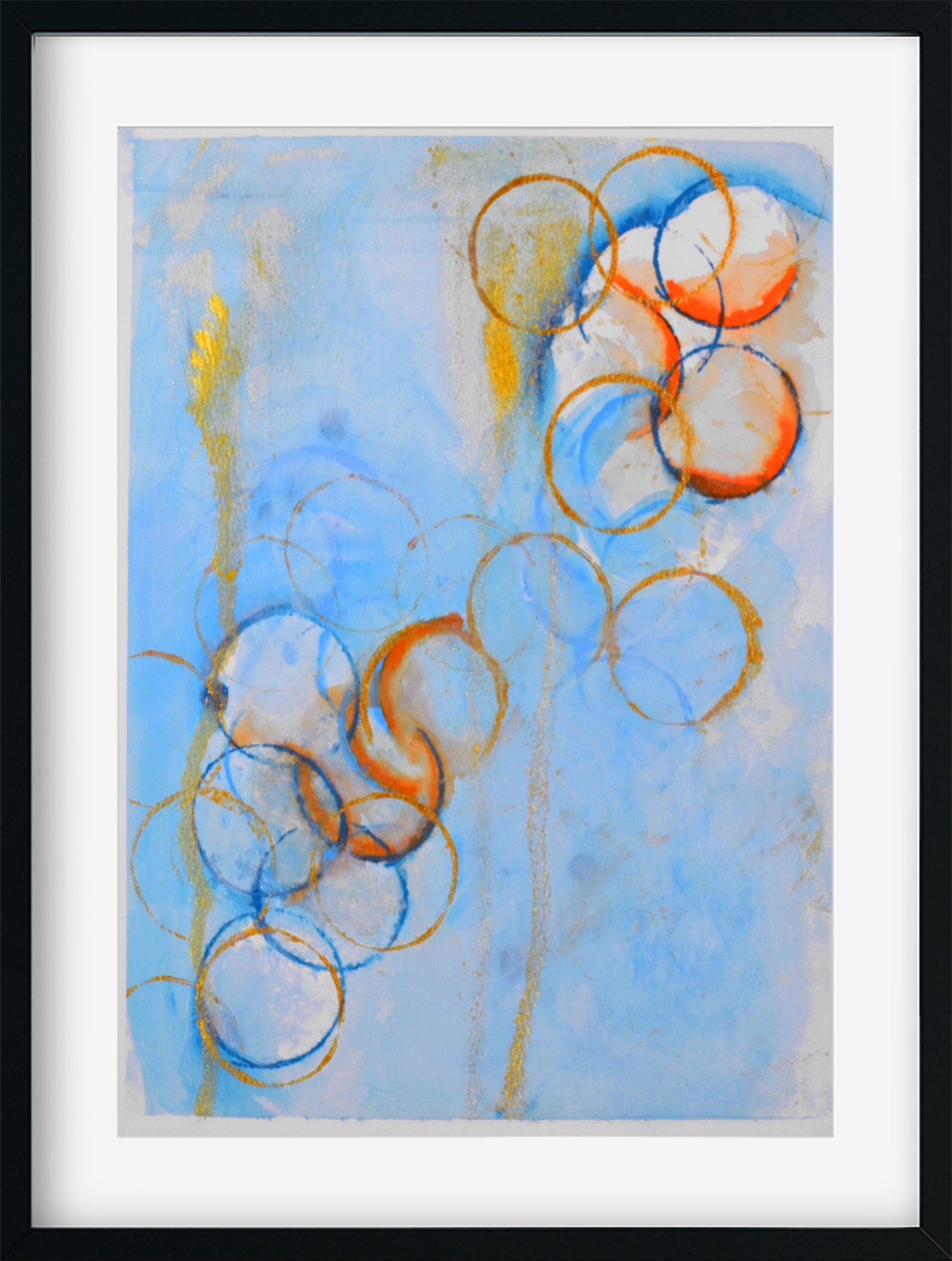 Blue orange and gold circle abstract watercolor painting 9x12, abstract circle watercolor original artwork - Carved Effects