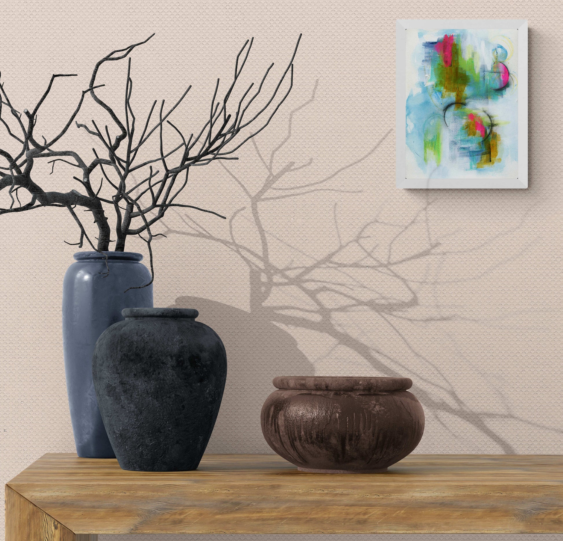 Abstract mixed media original painting on paper 9x12, hand painted abstract blue mark making wall art - Carved Effects