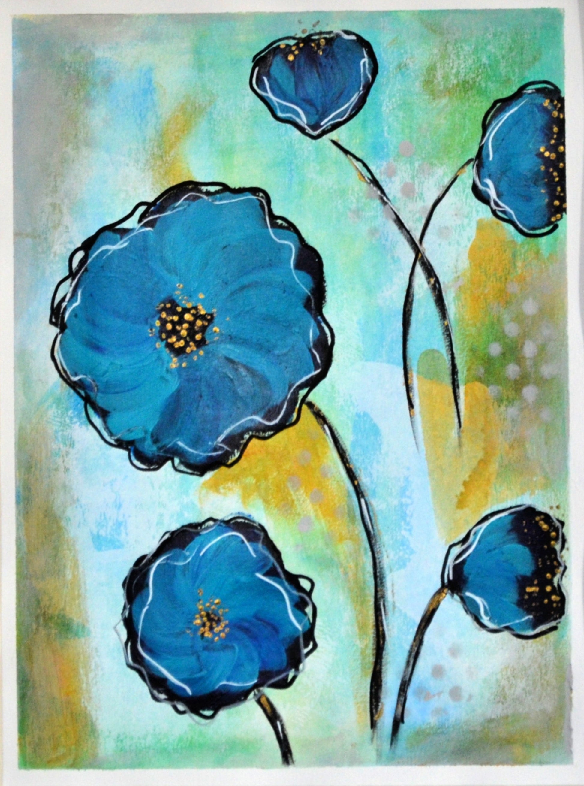 Blue poppy hand painted mixed media flower painting on paper 9x12, blue gallery wall art - Carved Effects