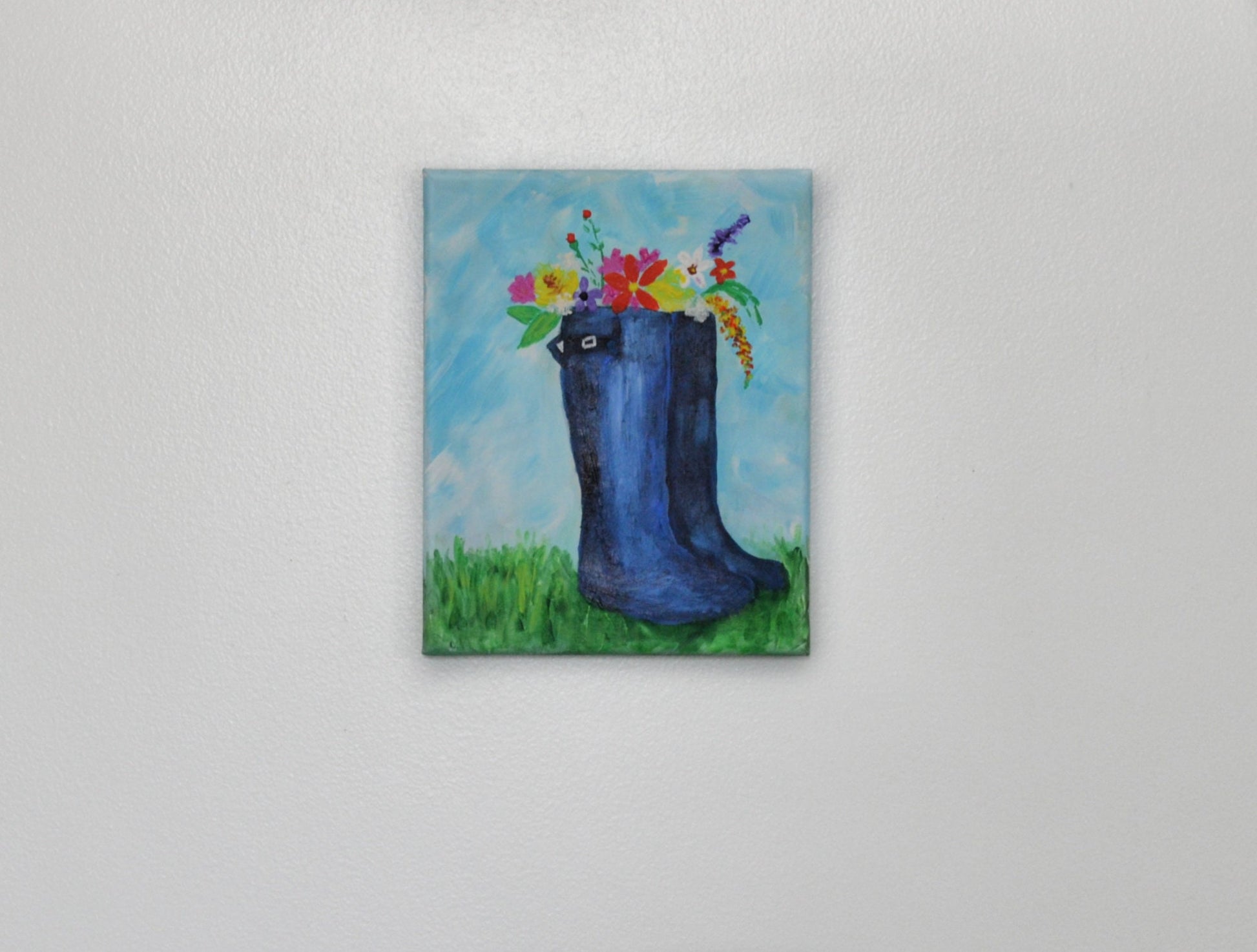 Blue rain boots with April flowers acrylic painting on canvas 8x10, hand painted spring flowers original painting, canvas wall art - Carved Effects