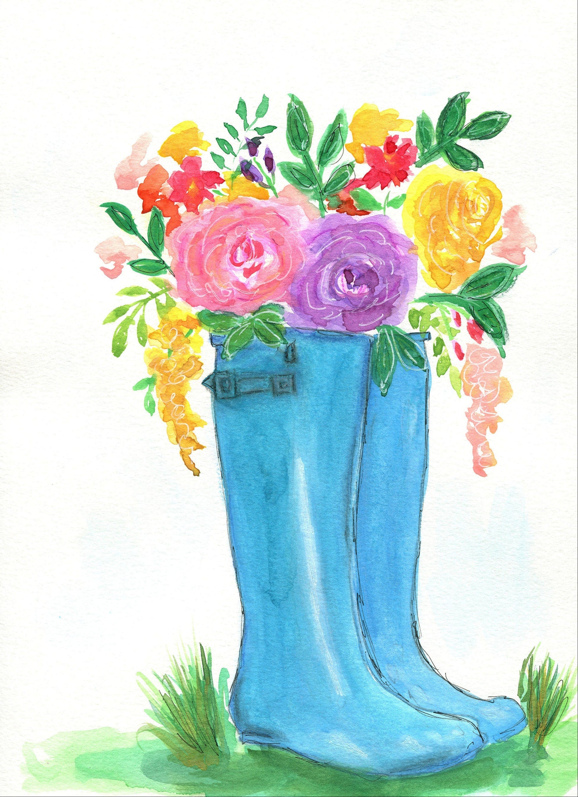 Blue rain boots with flowers watercolor painting 9x12, hand painted rainy day wall art, happy office wall decor - Carved Effects