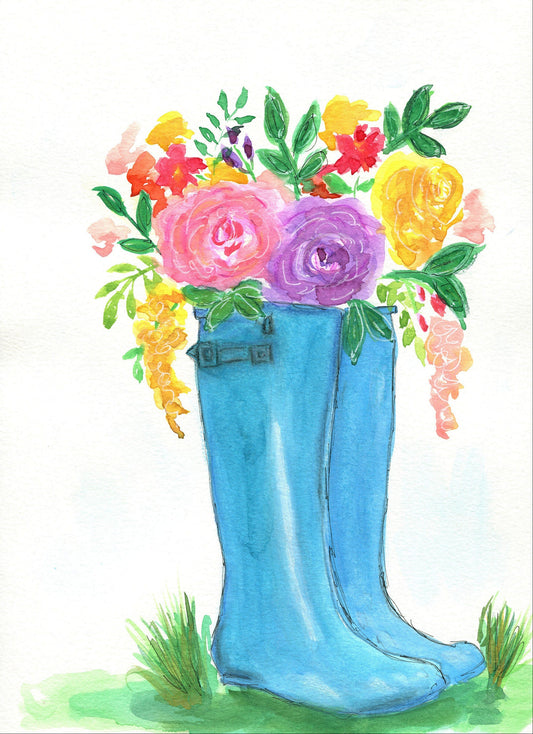 Blue rain boots with flowers watercolor painting 9x12, hand painted rainy day wall art, happy office wall decor - Carved Effects