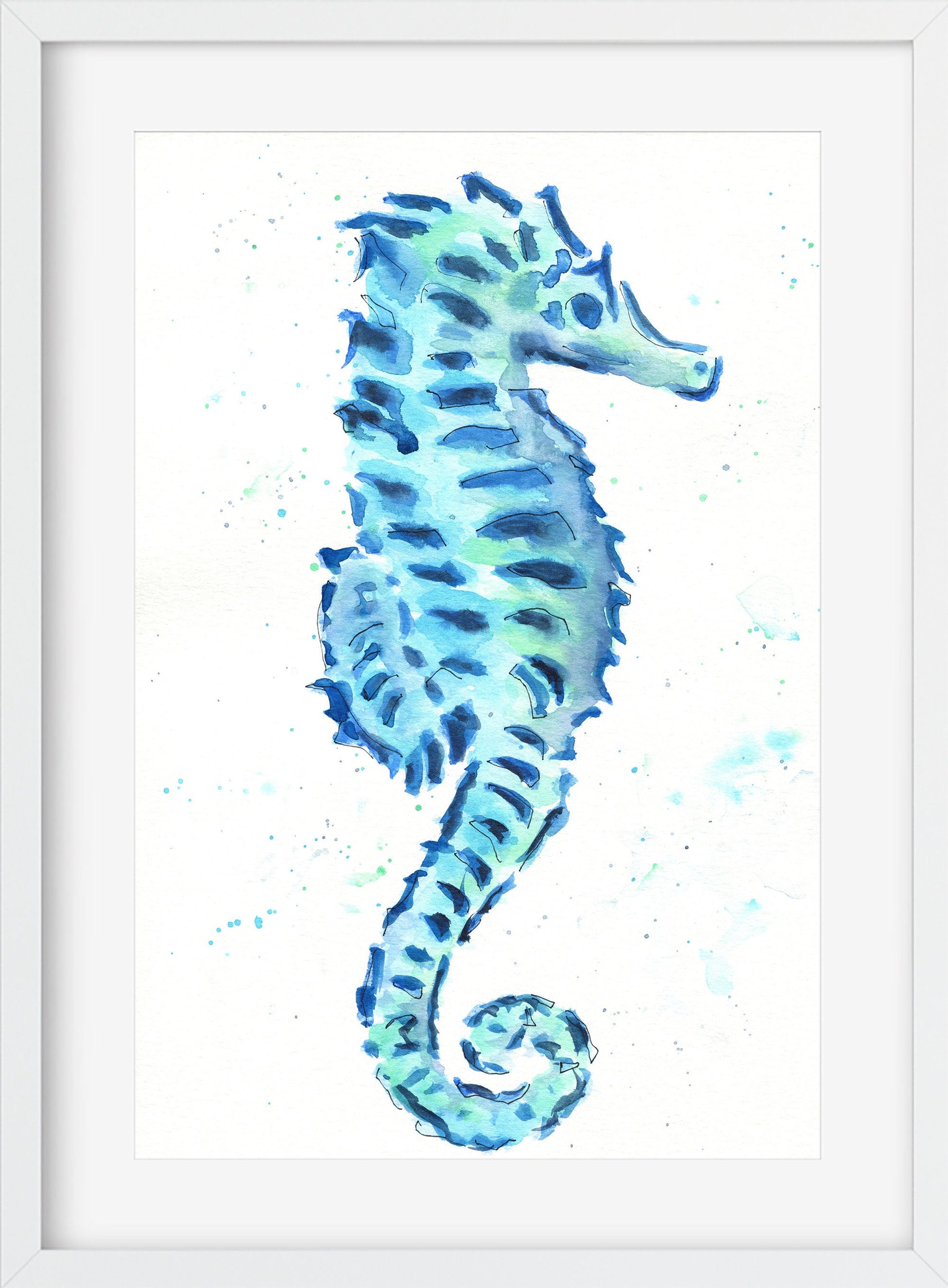 Blue seahorse watercolor painting 9x12, line and wash blue seahorse, under the sea watercolor artwork - Carved Effects
