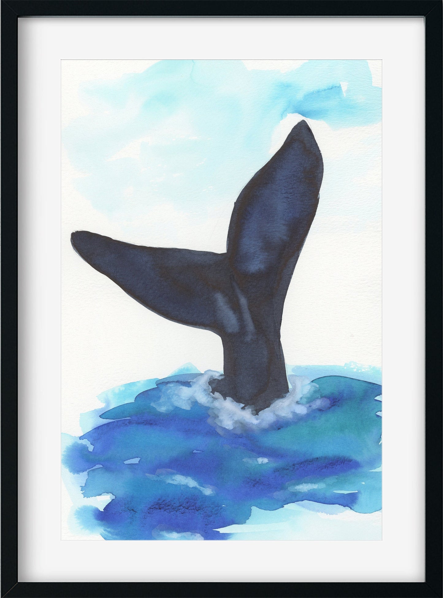 Blue whale tail hand painted watercolor painting 9x12, original watercolor painting, ocean life wall decor - Carved Effects