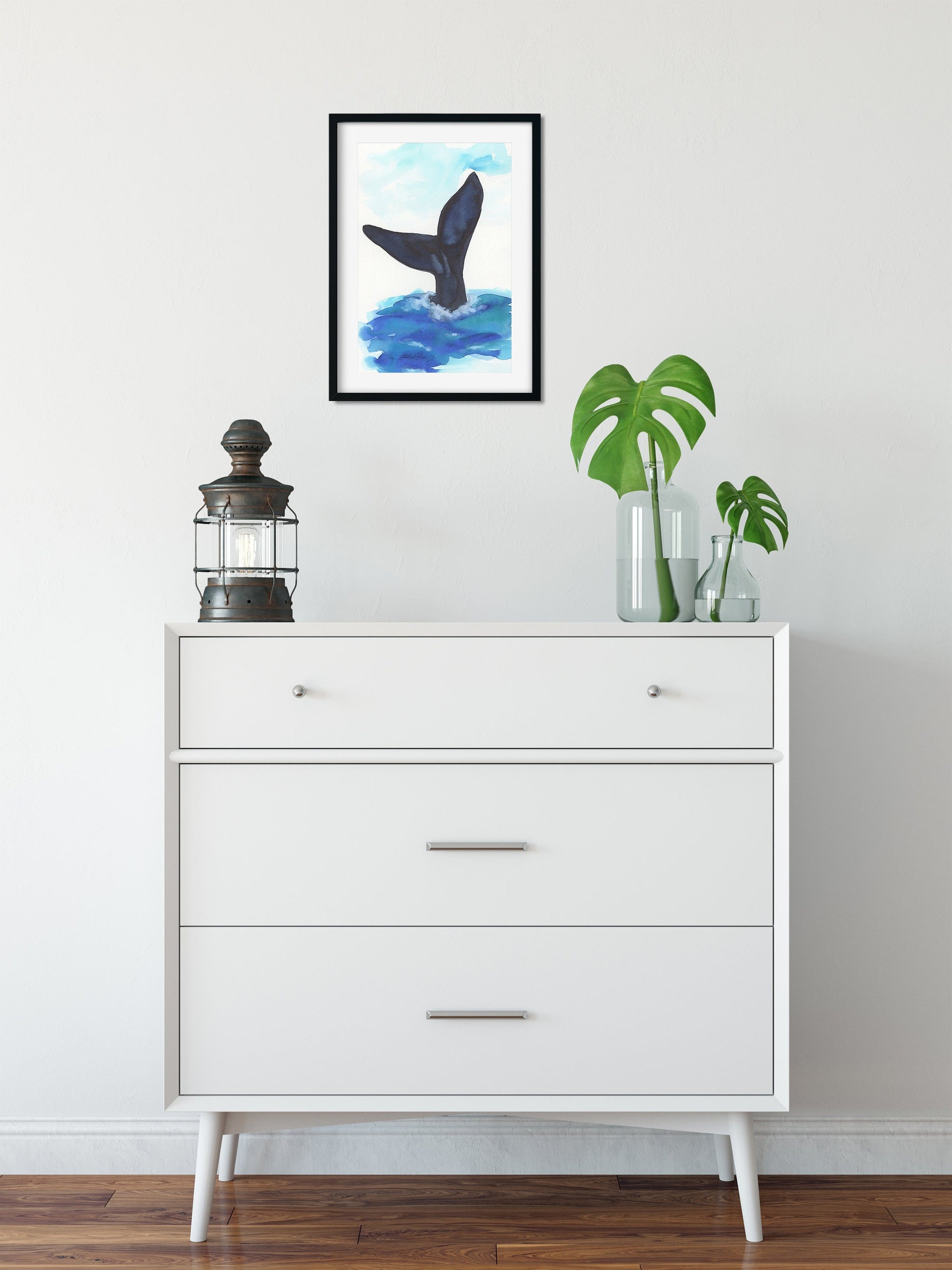 Blue whale tail hand painted watercolor painting 9x12, original watercolor painting, ocean life wall decor - Carved Effects