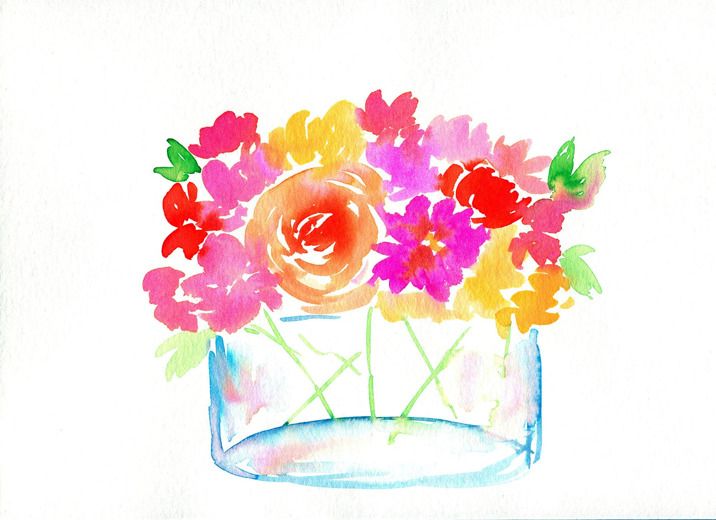 Hand painted watercolor painting of flowers in a clear vase, with a focus on the petals and leaves, in a range of vivid colors.