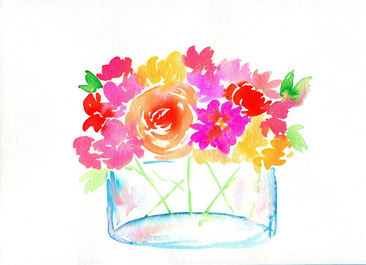 Hand painted watercolor painting of flowers in a clear vase, with a focus on the petals and leaves, in a range of vivid colors.