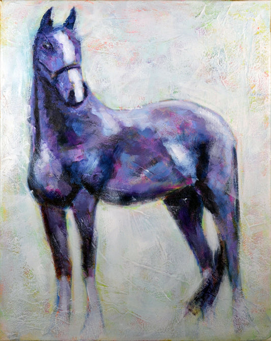 Original hand painted acrylic painting on canvas featuring a horse with a blurred background.