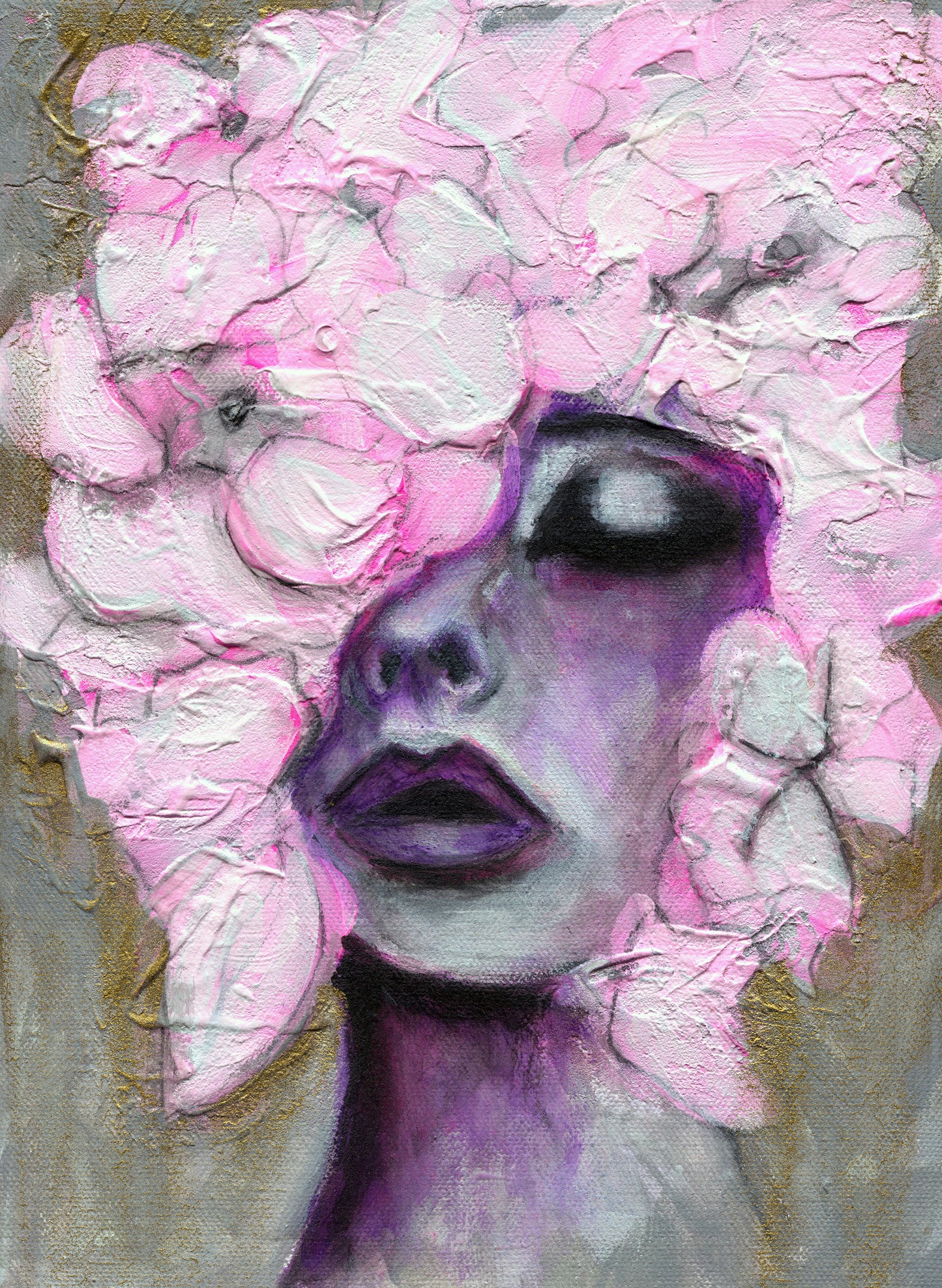 Original hand-painted mixed media painting on canvas featuring a bold female portrait.