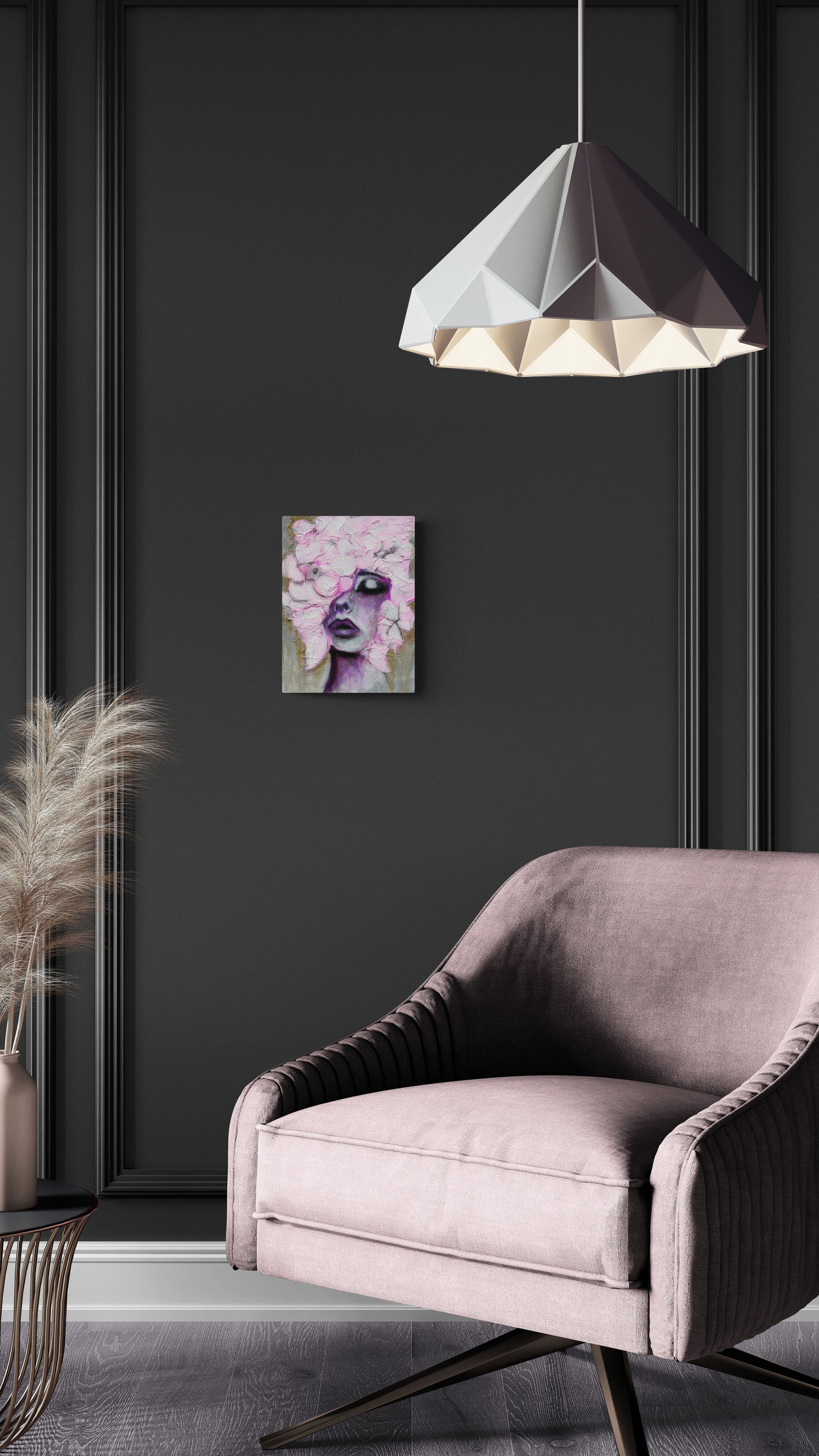 Bold eclectic boho female portrait with abstract flowers