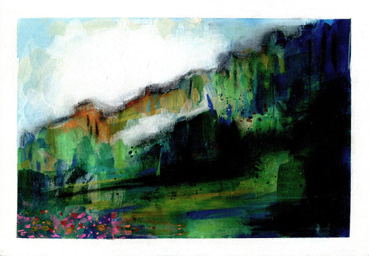 Lush green abstract landscape painting featuring a stylized, colorful depiction of a natural environment.