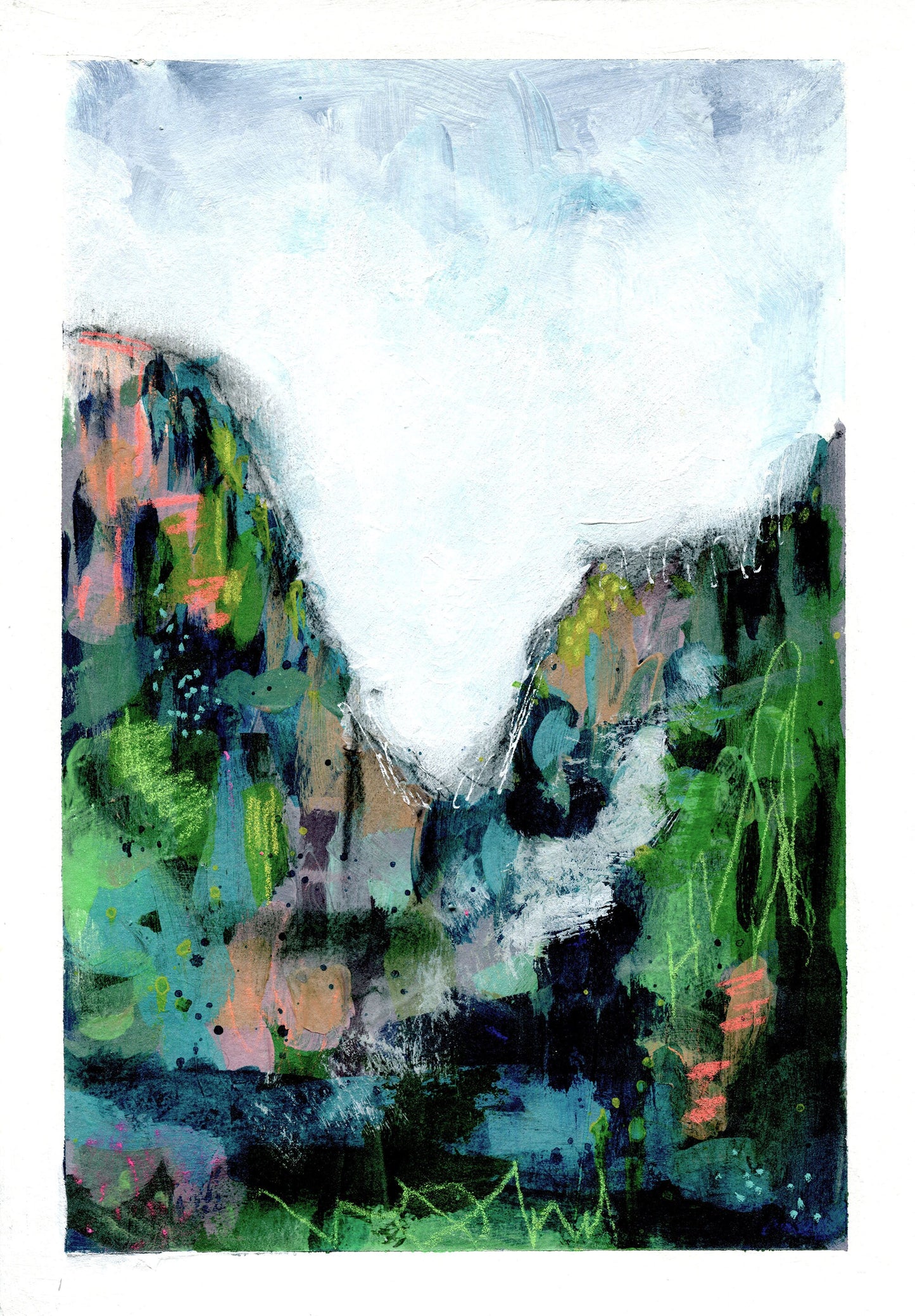 Lush green abstract landscape painting featuring a stylized, colorful depiction of a forest and mountainous terrain.