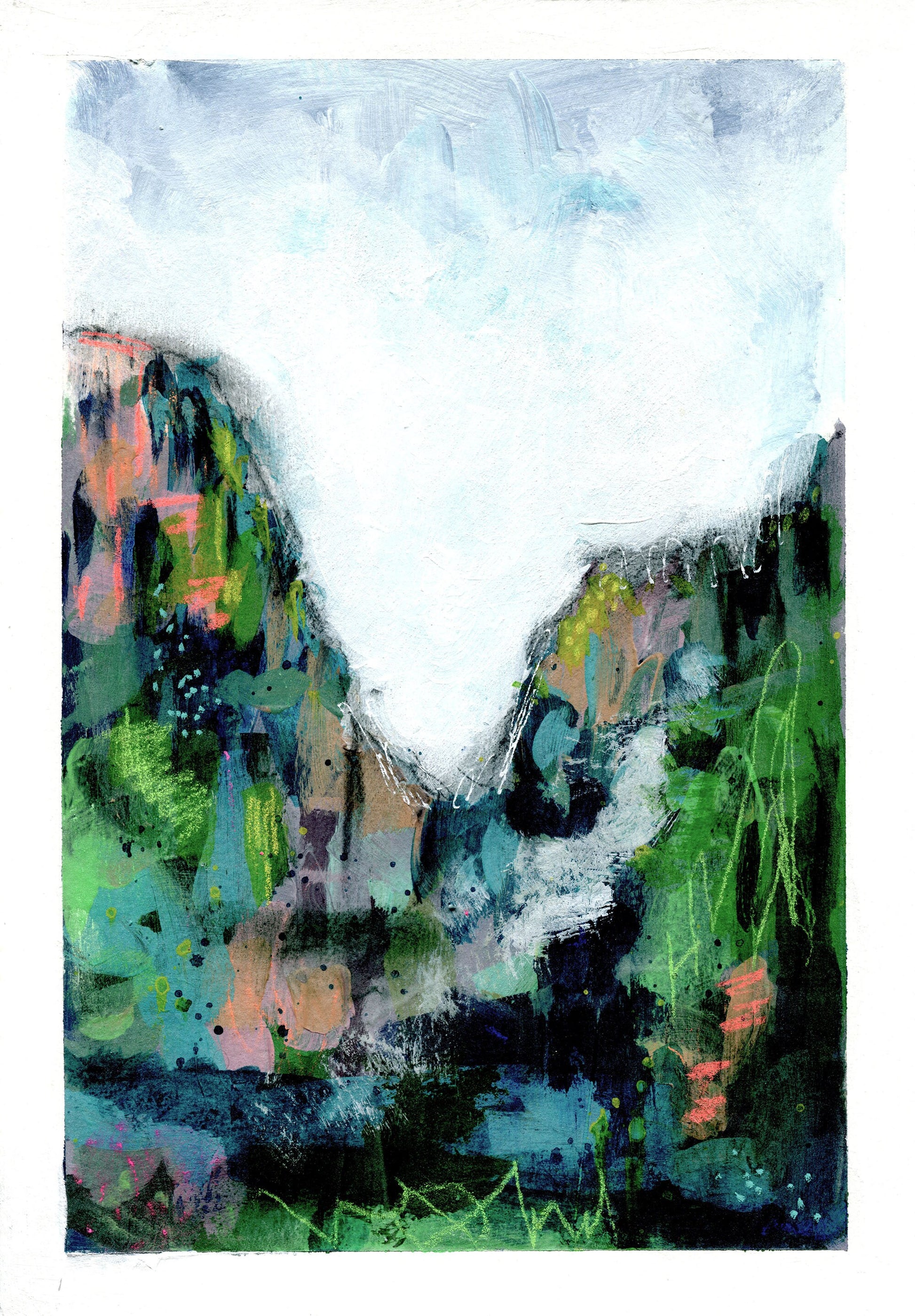 Lush green abstract landscape painting featuring a stylized, colorful depiction of a forest and mountainous terrain.