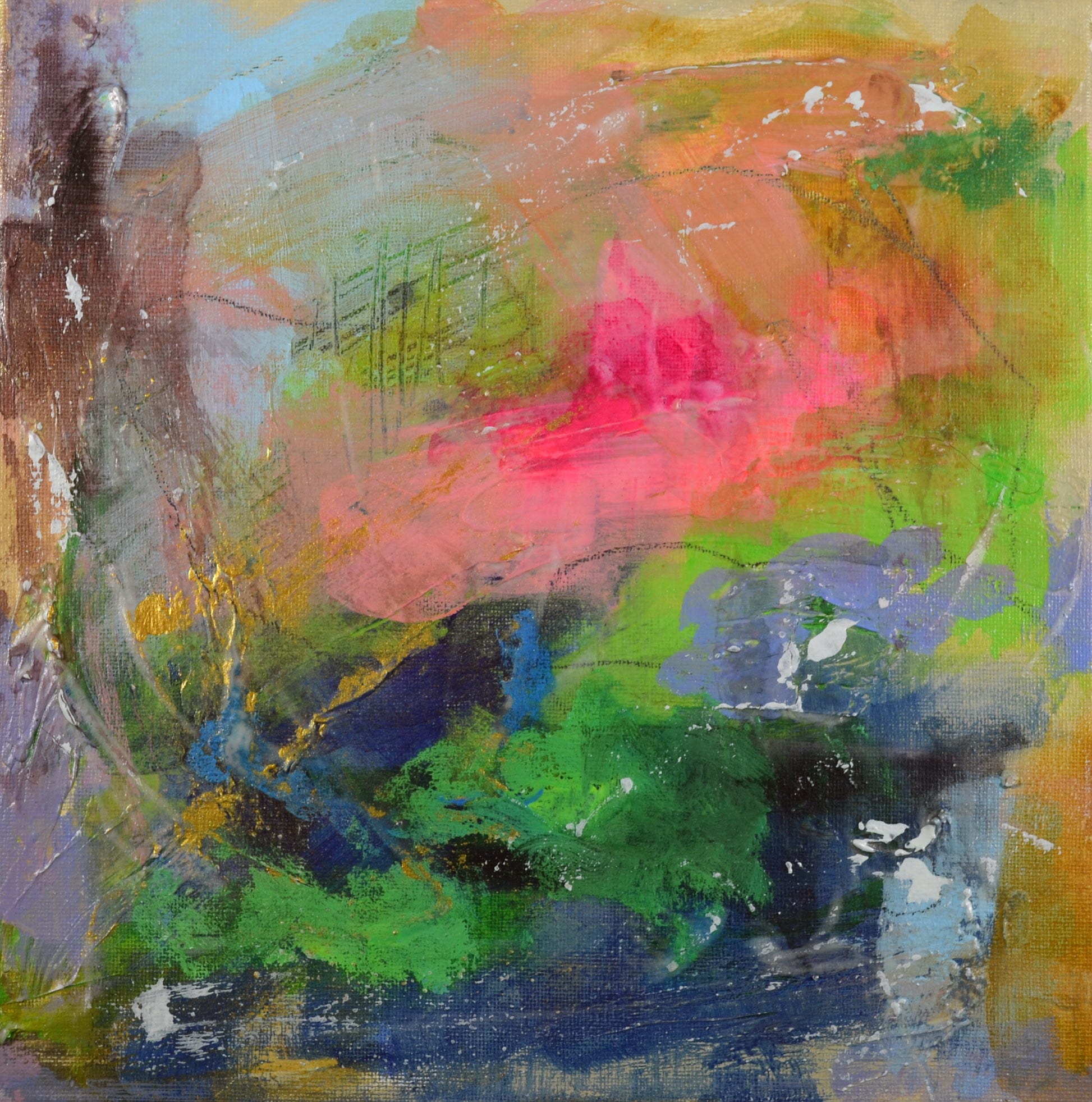 An abstract mixed media painting featuring neon green and pink accents on a canvas background, with expressive mark making.