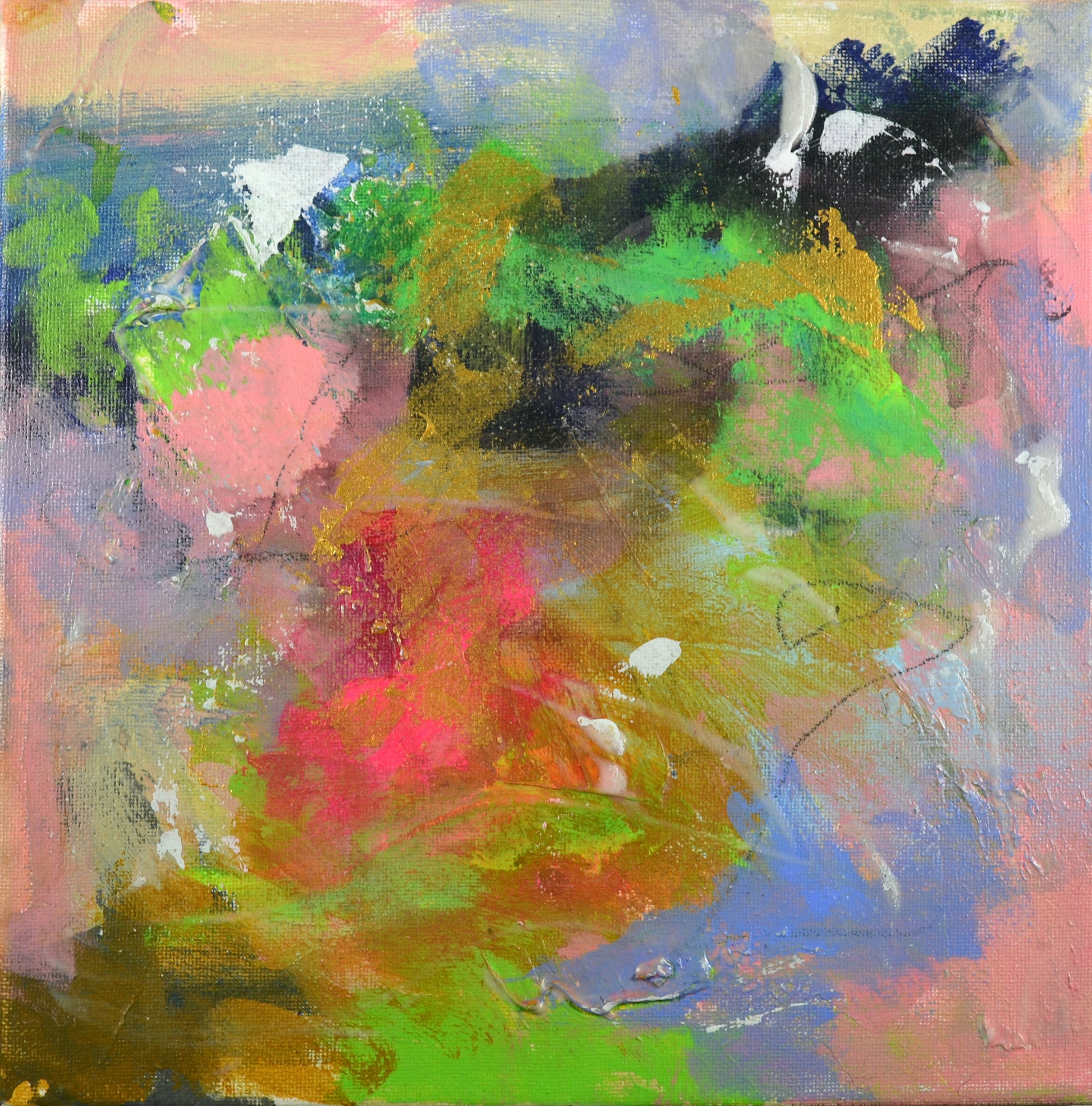 An abstract mixed media painting on canvas featuring bright neon green accents, with an eclectic wall art background.