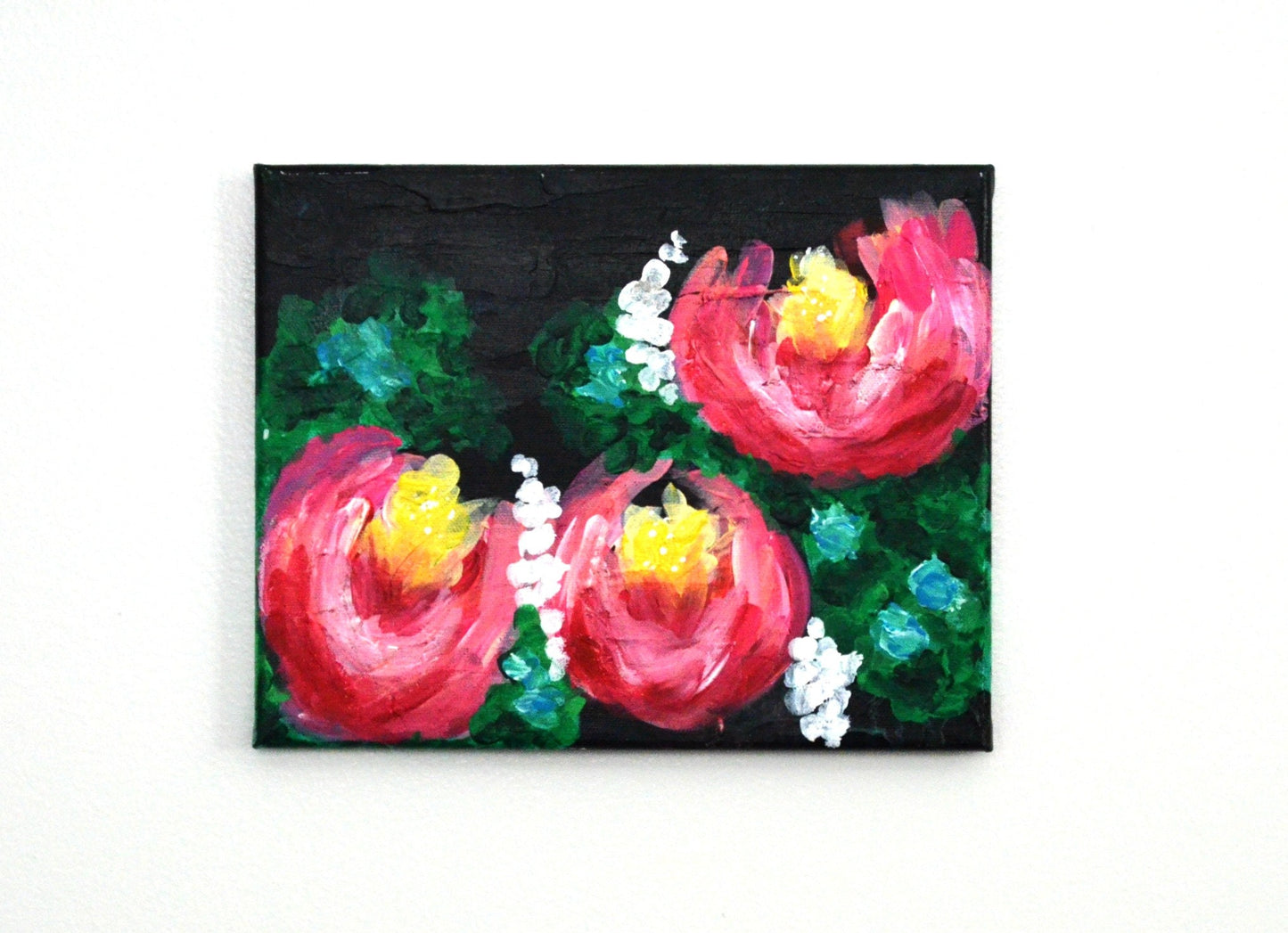 Hand painted original acrylic painting on canvas featuring bright pink abstract peony flowers on a dark background.