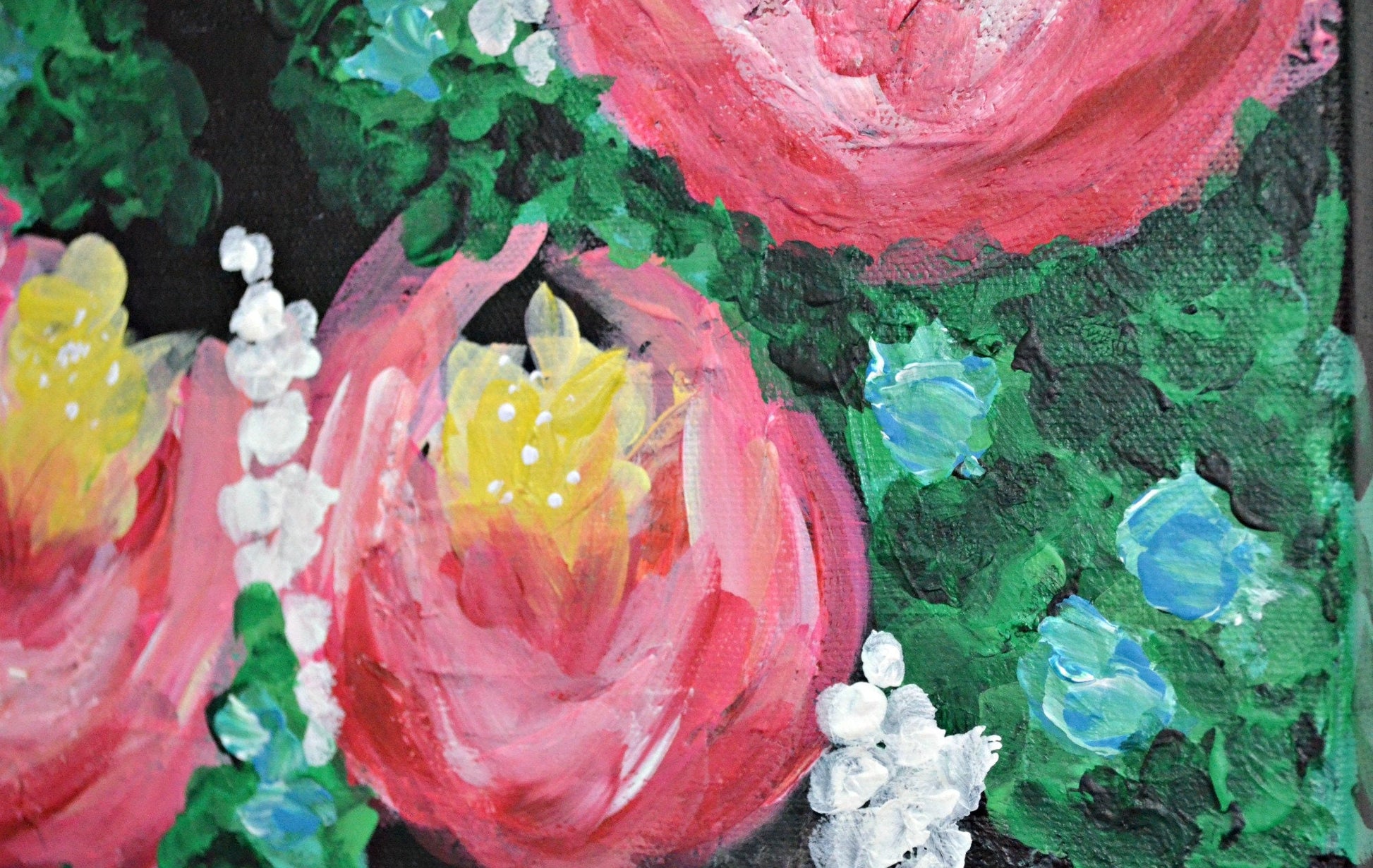 Bright pink peony flowers on canvas