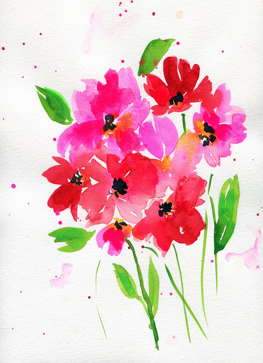 Bright pink poppy watercolor painting 9x12 - carved effects