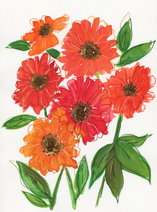 Bright red and orange Zinnia watercolor painting 9x12 - carved effects