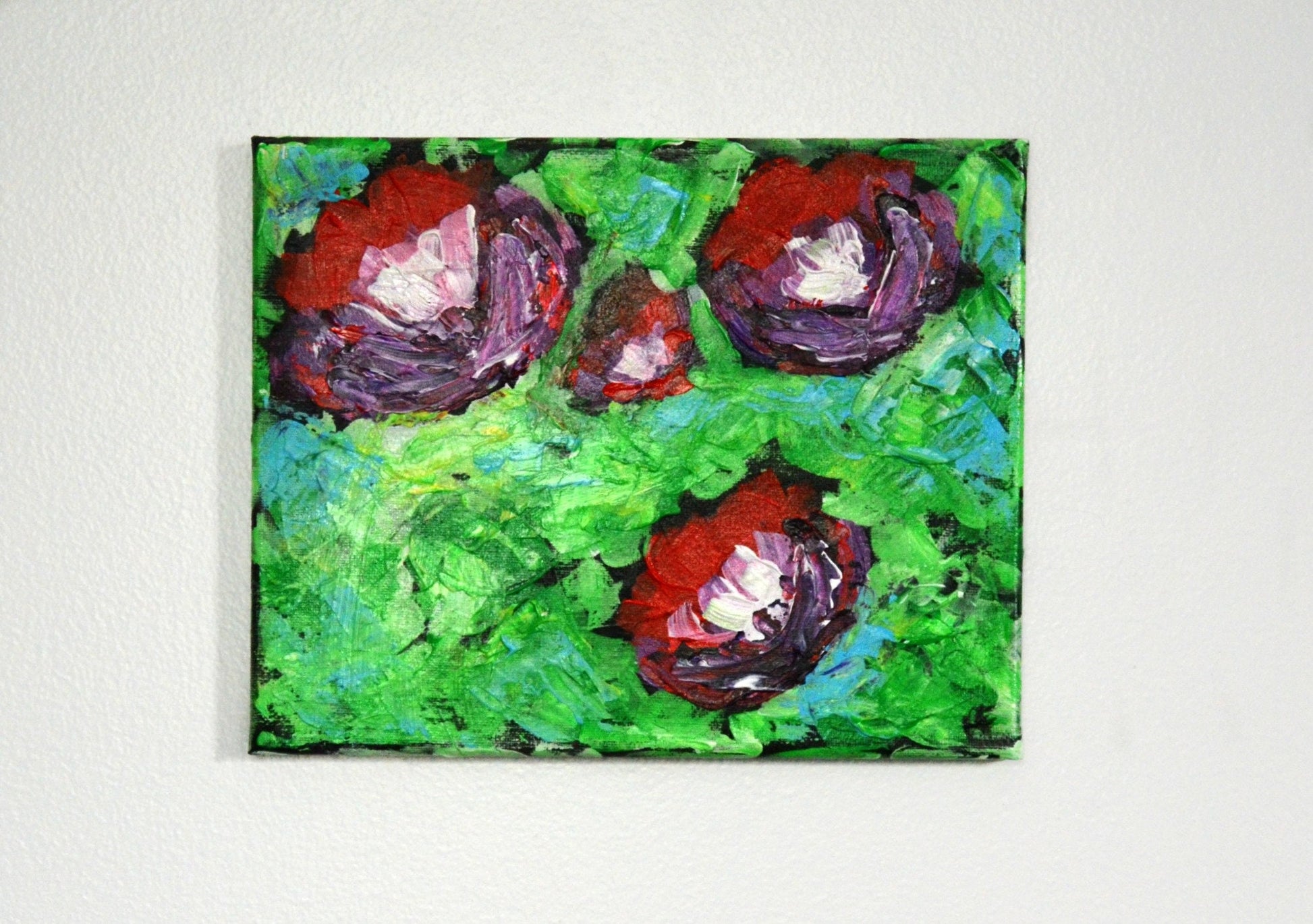 Bright flowers painting on canvas 8x10, hand painted abstract flower small wall art, red floral impressionist design, canvas wall art - Carved Effects