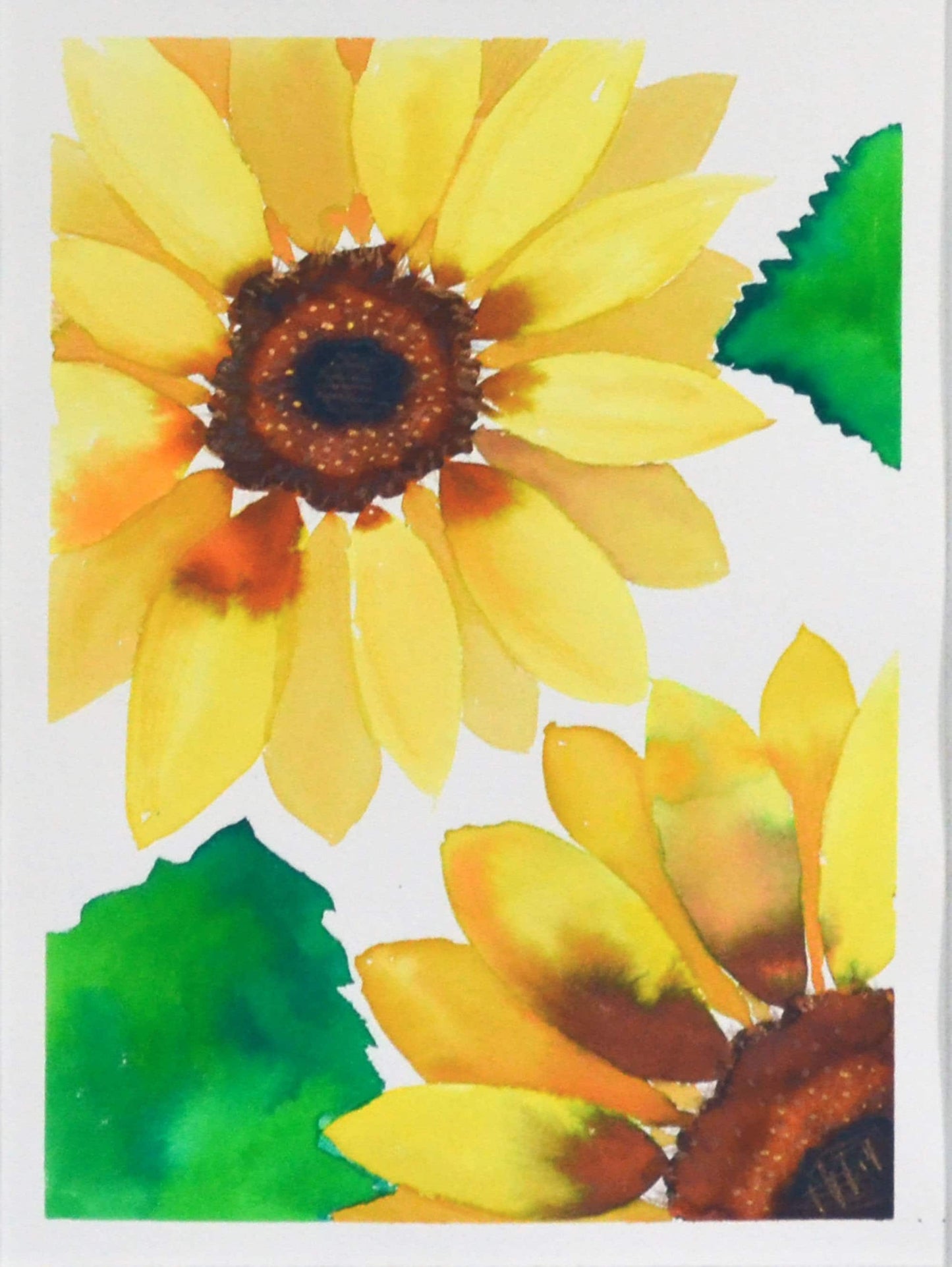 A watercolor painting of bright yellow sunflowers with brilliant green leaves on a white background, hand-painted on paper.