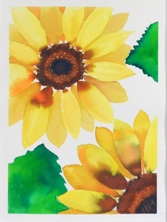 A watercolor painting of bright yellow sunflowers with brilliant green leaves on a white background, hand-painted on paper.