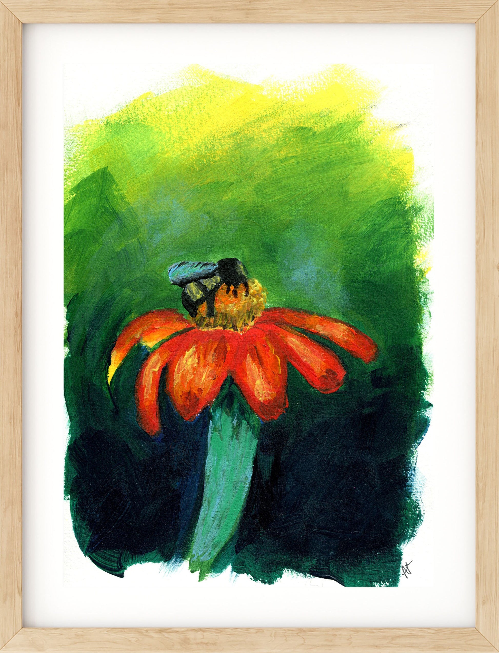 Bumble bee on a flower hand painted acrylic painting on paper 6x9, impressionism painting, original painting not a print - Carved Effects