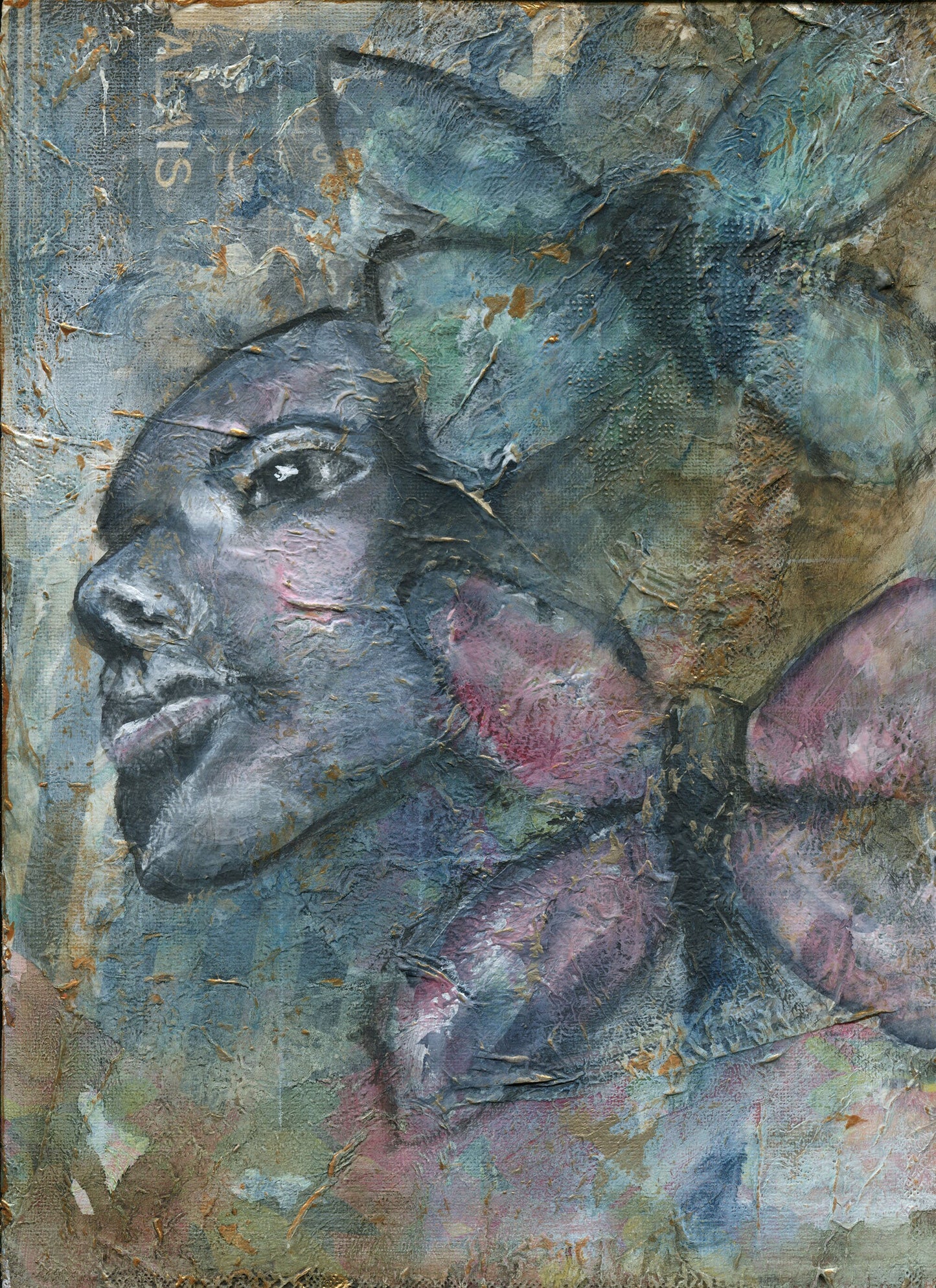 Expressive female face watercolor and acrylic hand painted on canvas panel 9x12, Butterfly mixed media abstract painting, steampunk artwork - Carved Effects