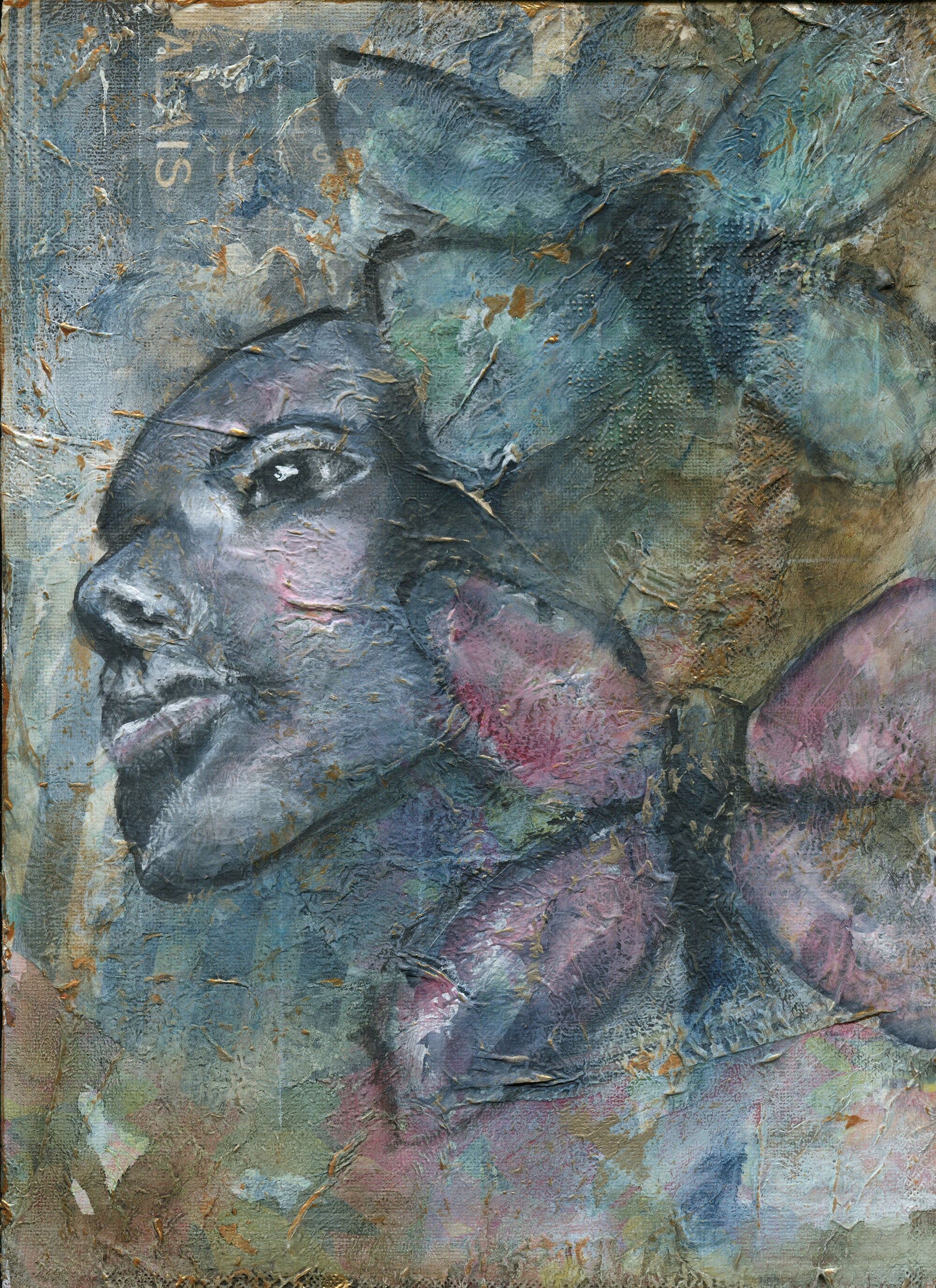 Expressive female face watercolor and acrylic hand painted on canvas panel 9x12, Butterfly mixed media abstract painting, steampunk artwork - Carved Effects