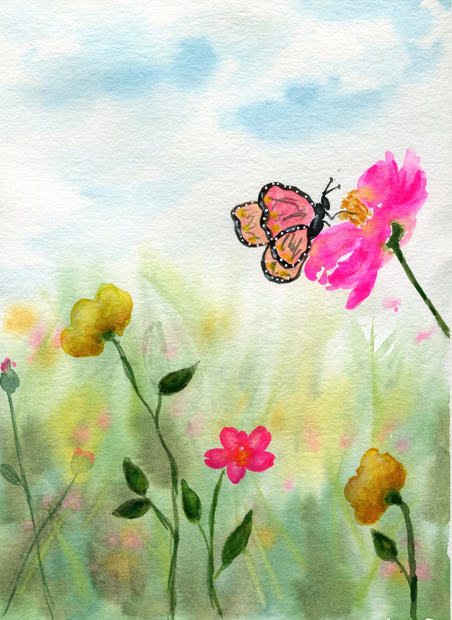 Butterfly flowers field original watercolor painting - Carved Effects