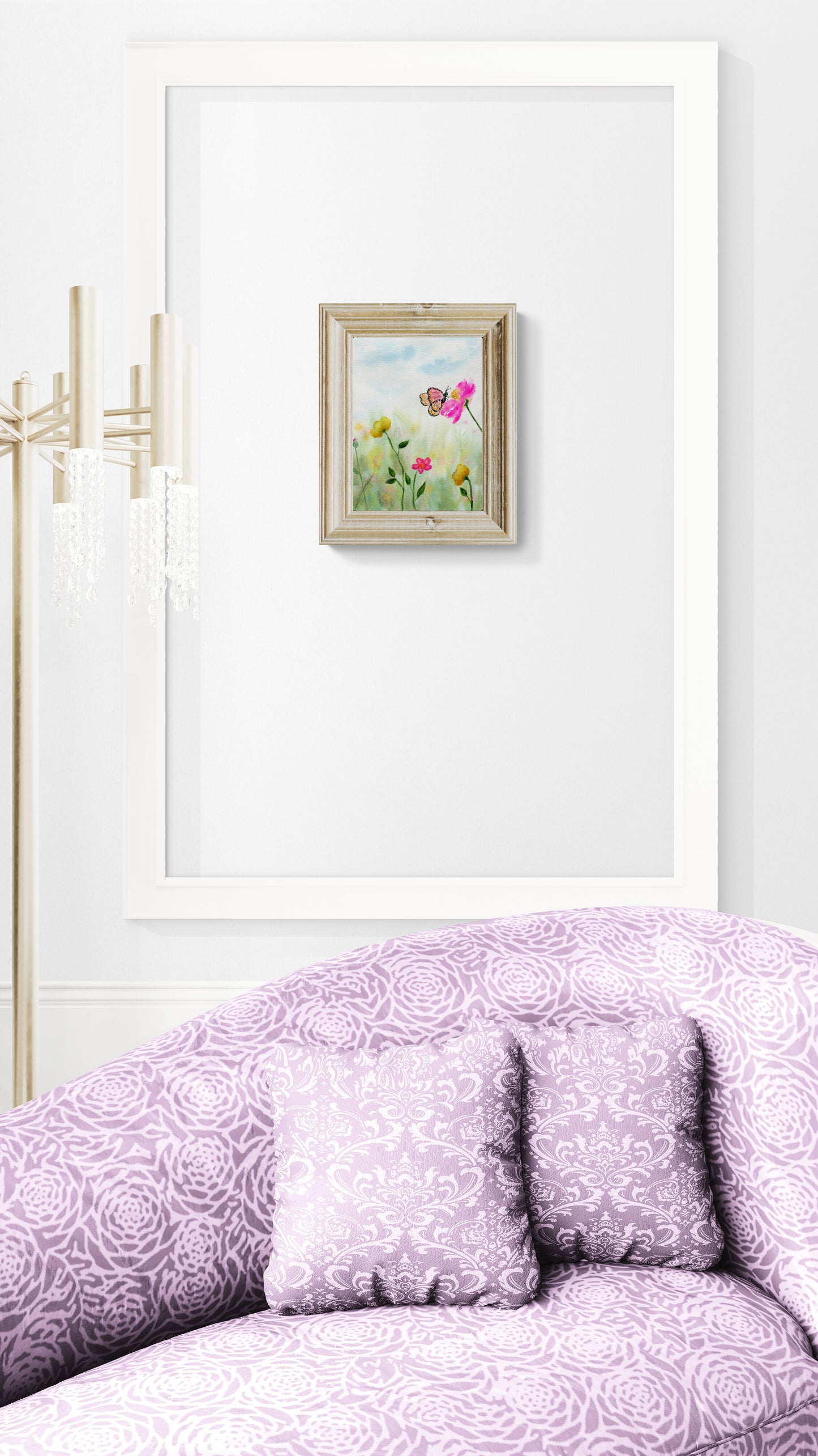 Butterfly flowers field original watercolor painting - Carved Effects