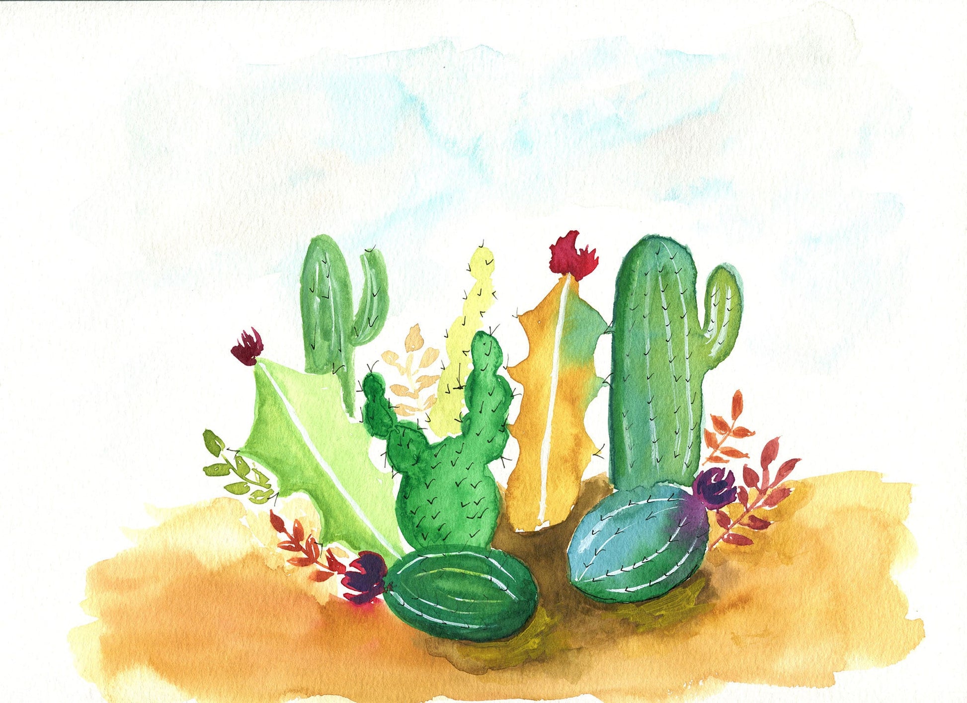 Cactus desert landscape original hand painted watercolor painting on paper 9x12, New Mexico wall art, Santa Fe inspired artwork - Carved Effects
