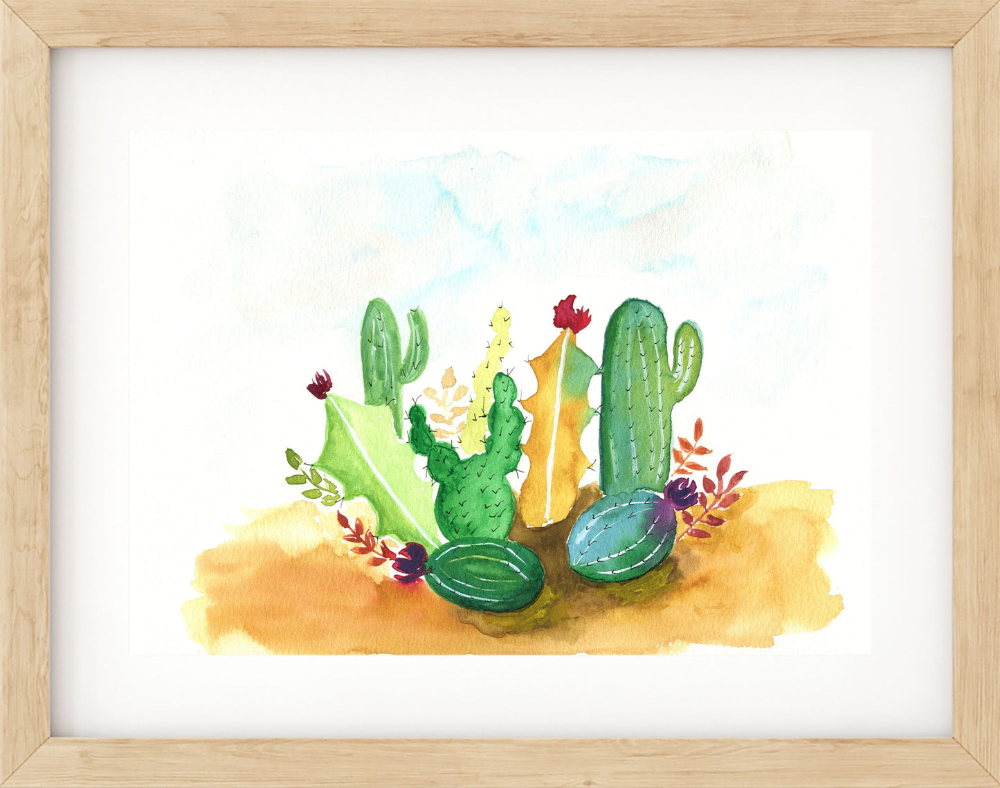 Cactus desert landscape original hand painted watercolor painting on paper 9x12, New Mexico wall art, Santa Fe inspired artwork - Carved Effects