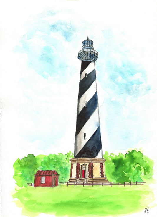 Cape Hatteras lighthouse original watercolor painting 9x12, North Carolina Outer Banks wall art - Carved Effects