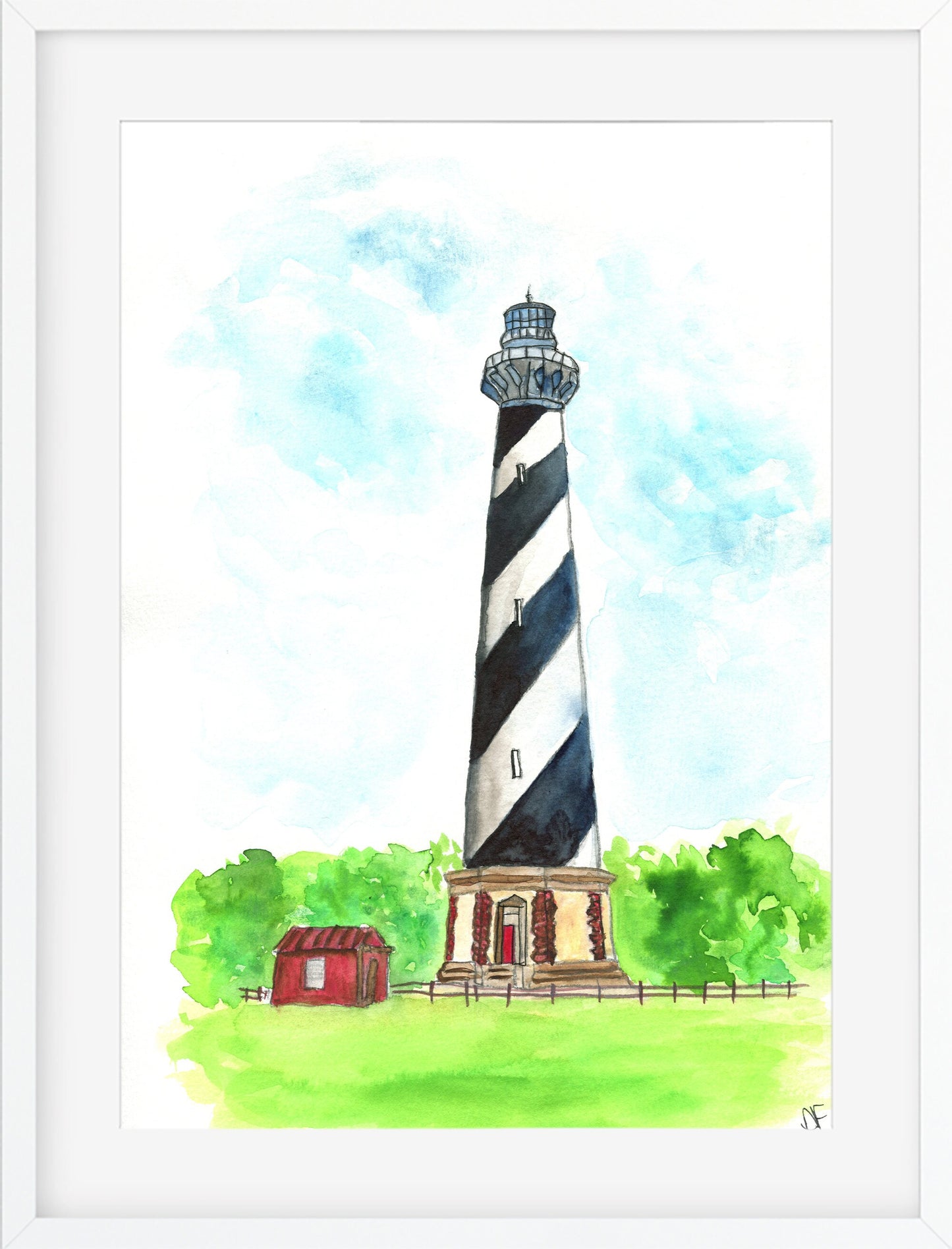 Cape Hatteras lighthouse original watercolor painting 9x12, North Carolina Outer Banks wall art - Carved Effects