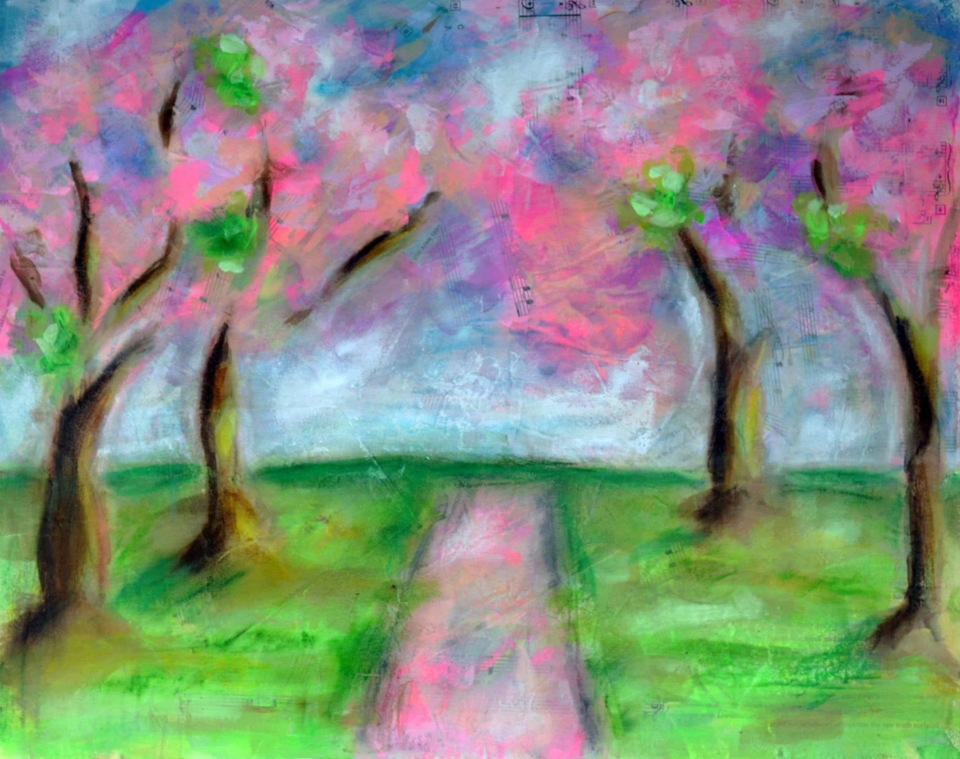 Cherry blossom trees, hand painted pink mixed media forest, original acrylic painting ready to frame 16x20, canvas panel wall art - Carved Effects