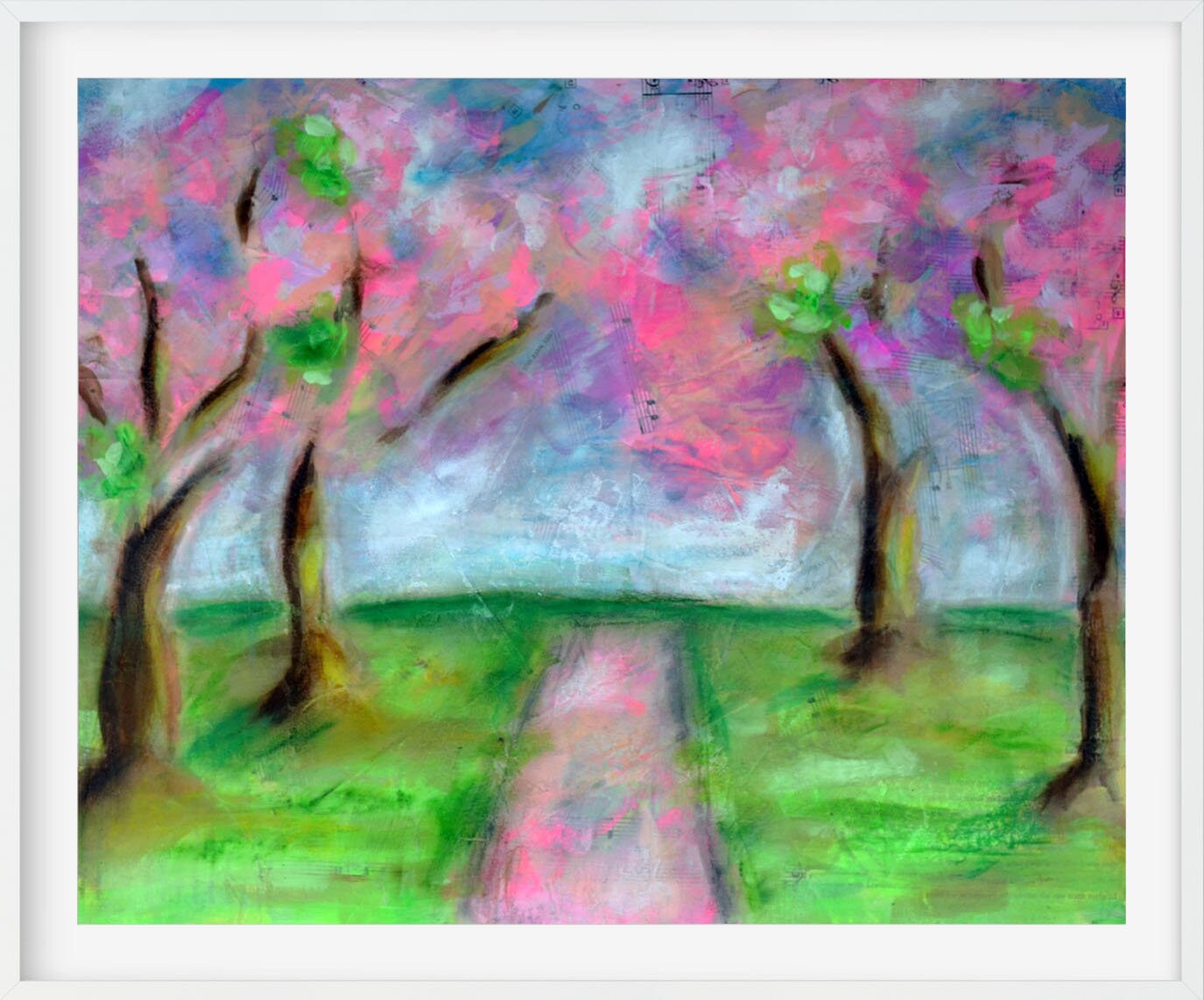 Cherry blossom trees, hand painted pink mixed media forest, original acrylic painting ready to frame 16x20, canvas panel wall art - Carved Effects