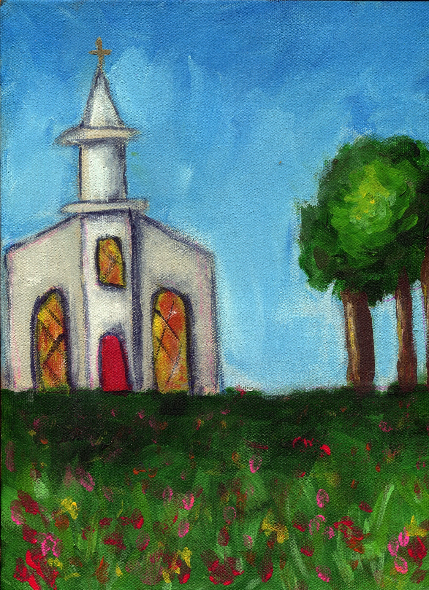 Church and flower field hand painted acrylic painting on canvas 9x12, impressionism original painting ready to hang, canvas wall art - Carved Effects