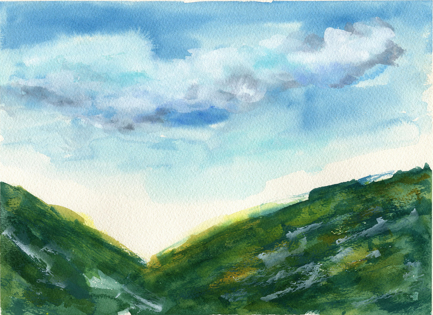 Watercolor painting of a landscape with green hills and a blue sky with clouds.