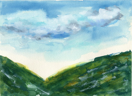 Watercolor painting of a landscape with green hills and a blue sky with clouds.