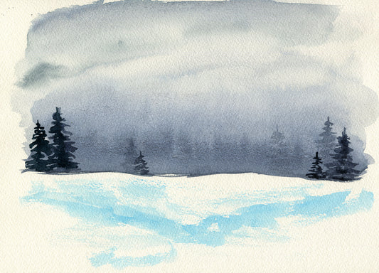 Watercolor painting of a snowy landscape with trees