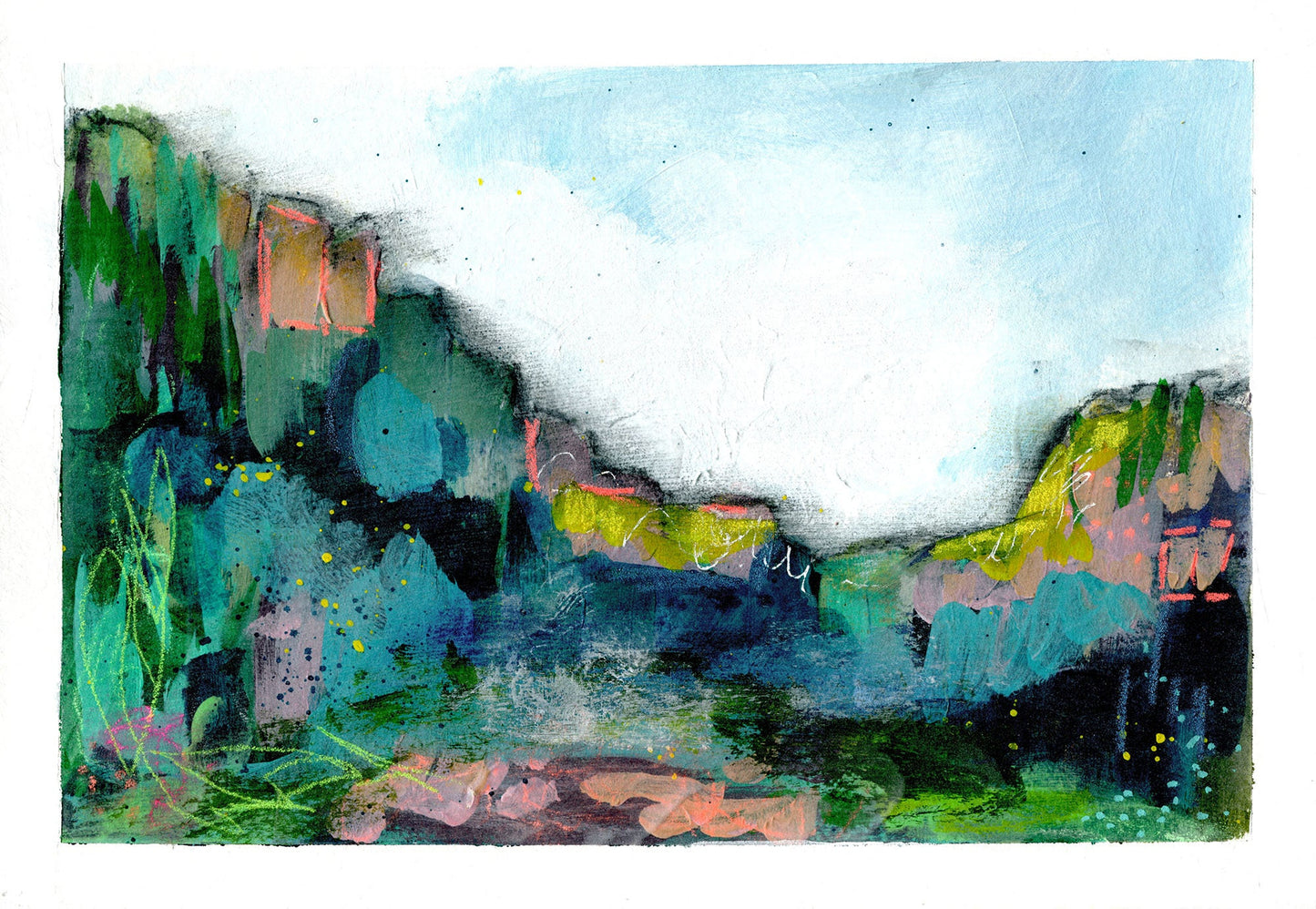 Colorful abstract landscape original painting 7x10, spring and summer forest landscape, green field acrylic painting 1 - Carved Effects