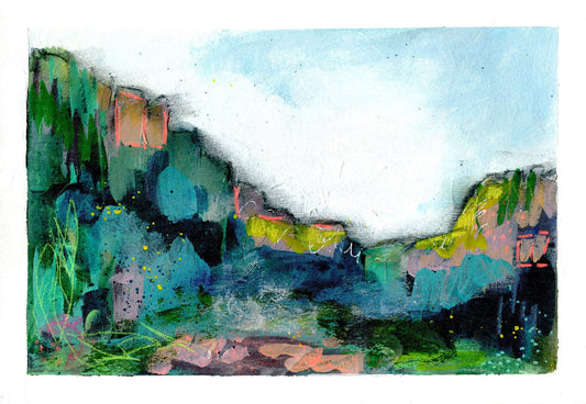 Colorful abstract landscape original painting 7x10, spring and summer forest landscape, green field acrylic painting 1 - Carved Effects