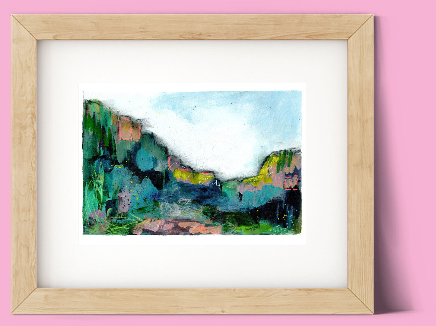 Colorful abstract landscape original painting 7x10, spring and summer forest landscape, green field acrylic painting 1 - Carved Effects